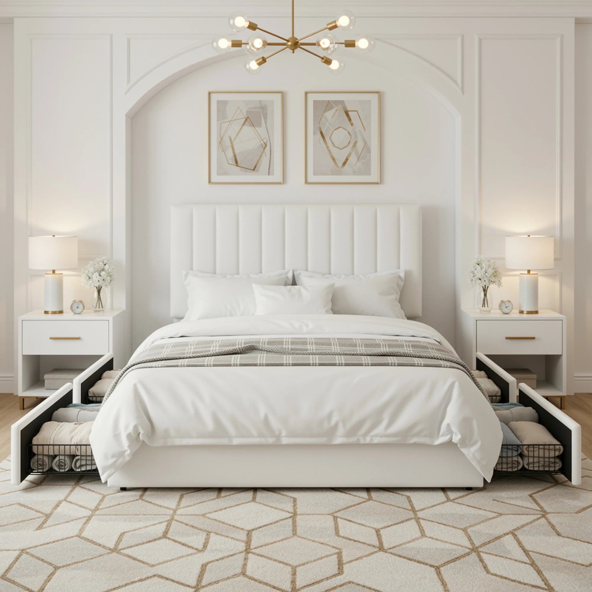 (Full/Queen/King) Velvet Upholstered Storage Bed — Vertical Channel Adjustable Headboard, 4 Under‑Bed Drawers, Mattress‑Ready Slat - LuxeHome Furniture