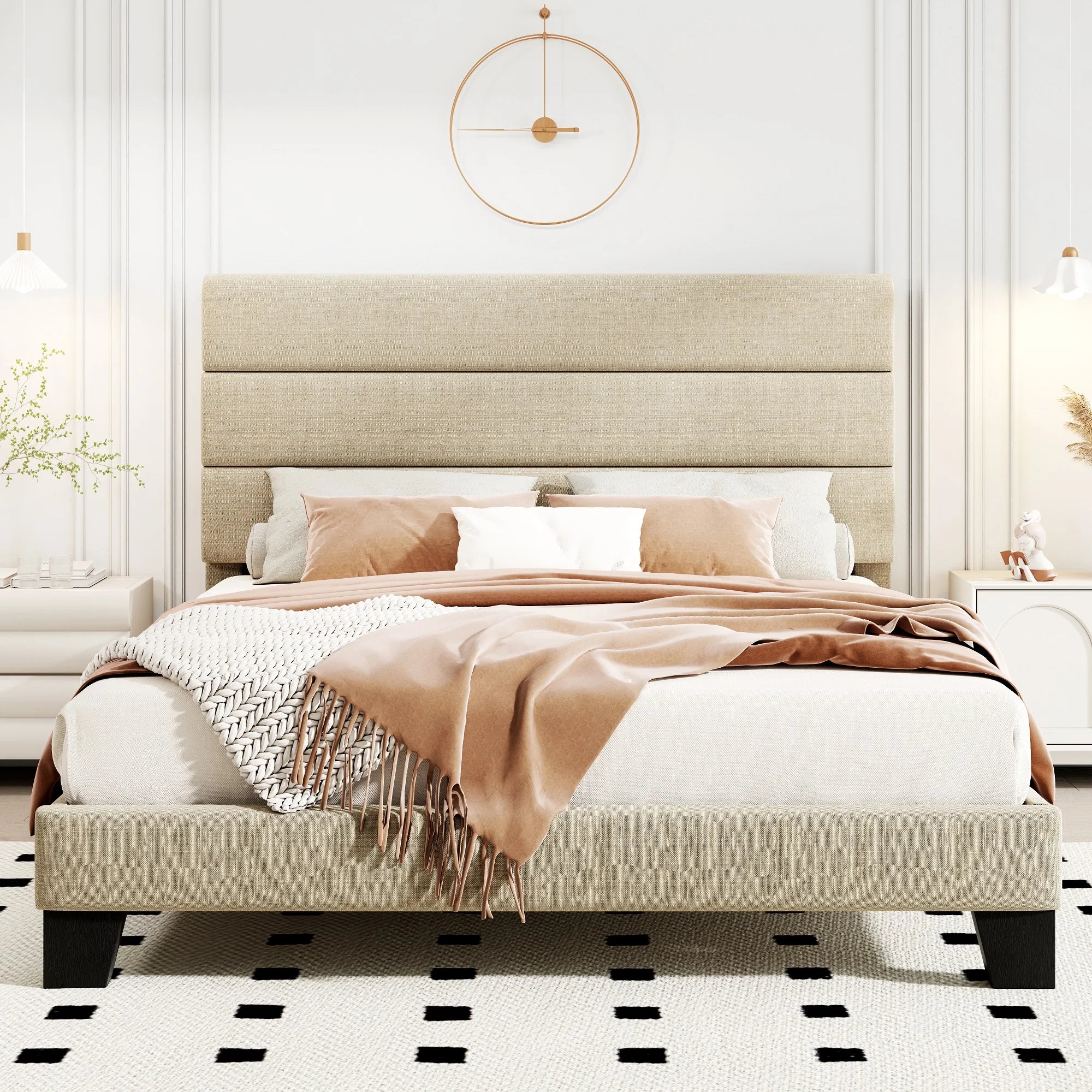 (Full/Queen/King) Fabric Platform Bed with Headboard — Reinforced Wooden Slat Support, Mattress‑Ready Panel Bed Foundation - LuxeHome Furniture