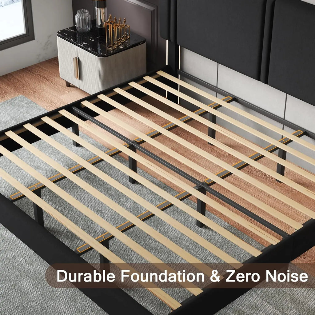King Size Bed Frame with Linen Headboard, Wooden Slats, Noise-Free, Black - LuxeHome Furniture