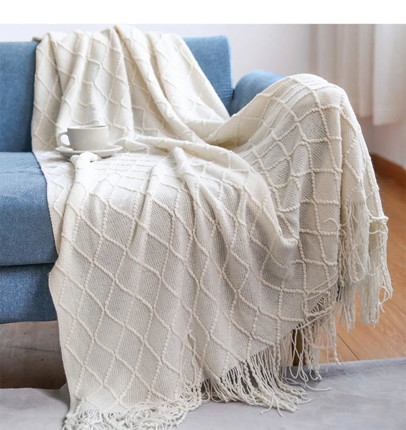 "Khaki Chunky Knit Blanket with Tassels – Oversized Vintage Farmhouse Throw, Luxury Sofa & Bedspread" - LuxeHome Furniture