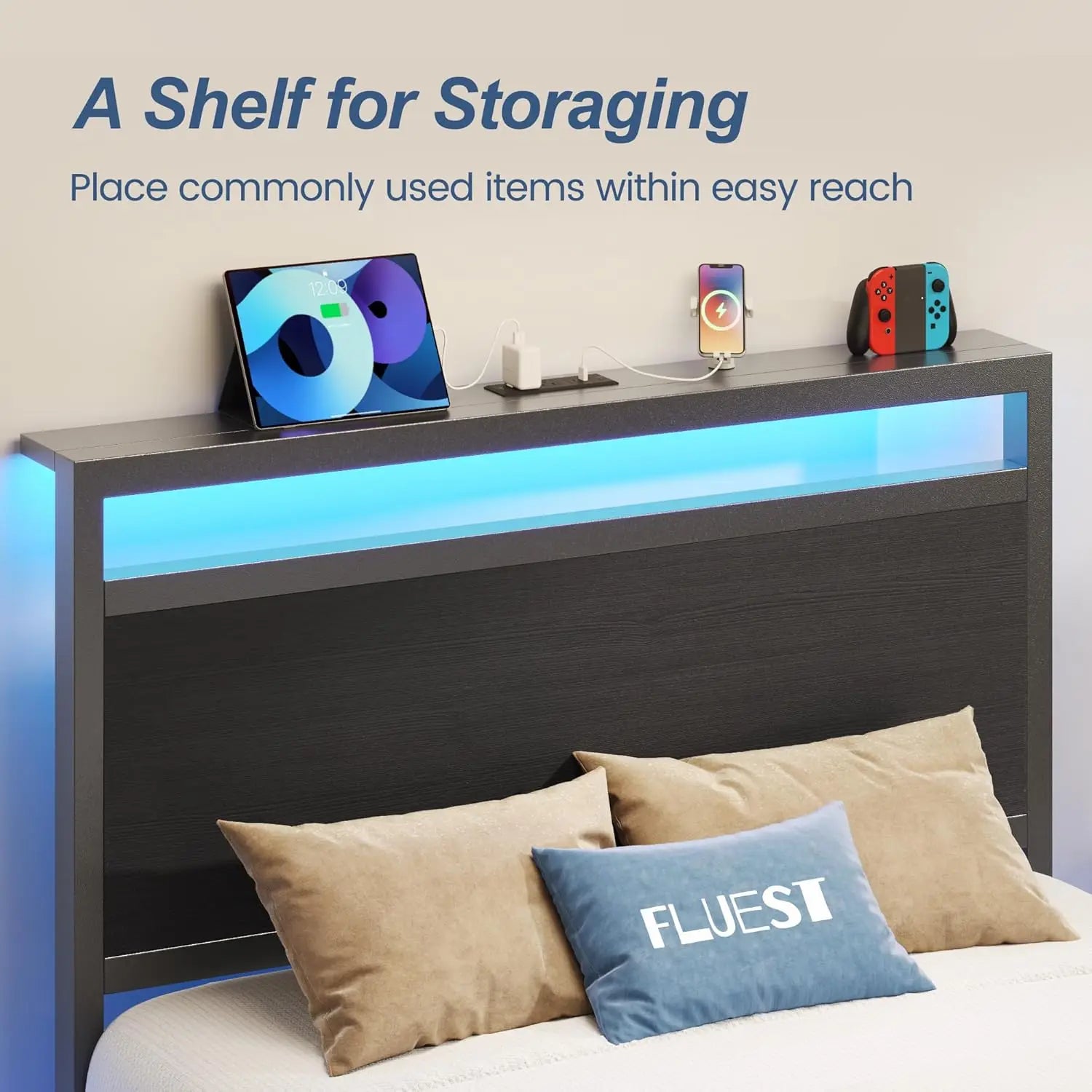 Twin Bed Frame with Storage Headboard, Drawer, Charging Station & LED Lights, Easy Assembly in Black - LuxeHome Furniture