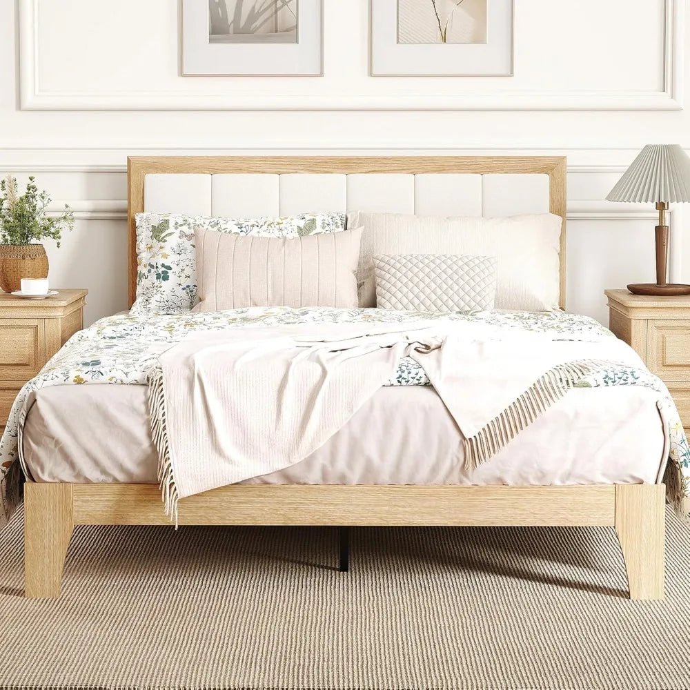 Full Size Bed Frame with Upholstered Headboard, Platform Bed Frame with Wooden Slats, No Box Spring Needed - LuxeHome Furniture