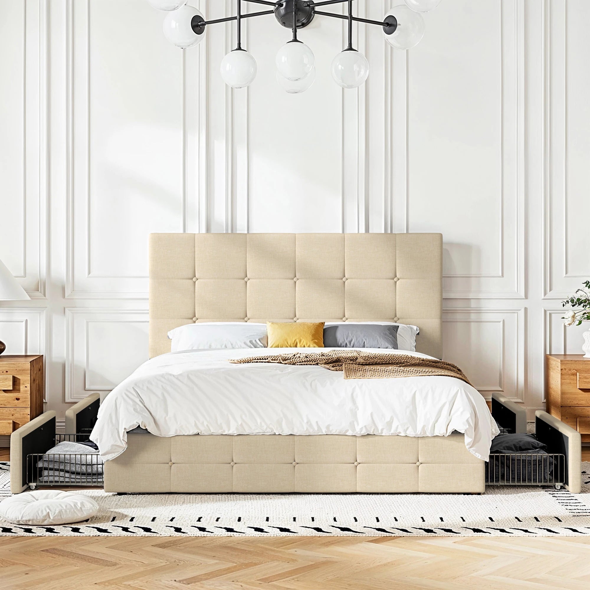 (King/Queen/Full) Platform Storage Bed Adjustable Headboard, 4 Under‑Bed Drawers, Square Stitch Button‑Tufted Upholstery - LuxeHome Furniture