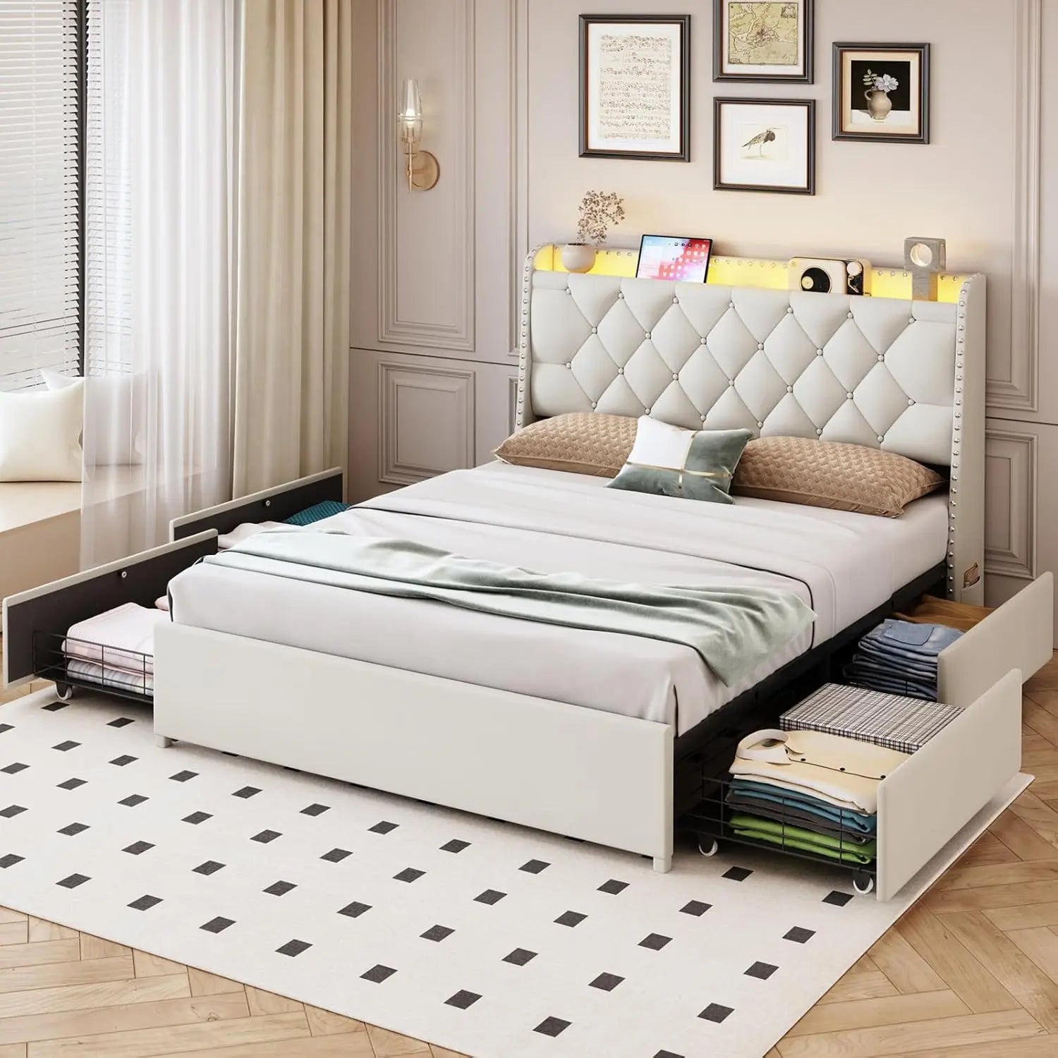 Queen Size Bed Frame with 4 Drawers & Storage Headboard, Upholstered Platform Bed with LED Lights & Charging Station - LuxeHome Furniture
