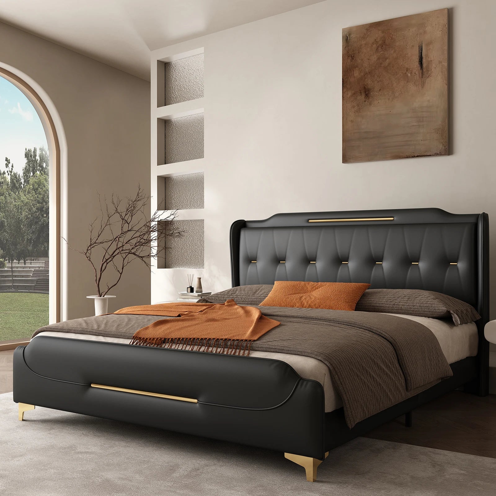 Queen Faux Leather Platform Bed — Gold Iron Accents, Solid Wood Frame & Metal Legs, Upholstered Modeen Design - LuxeHome Furniture