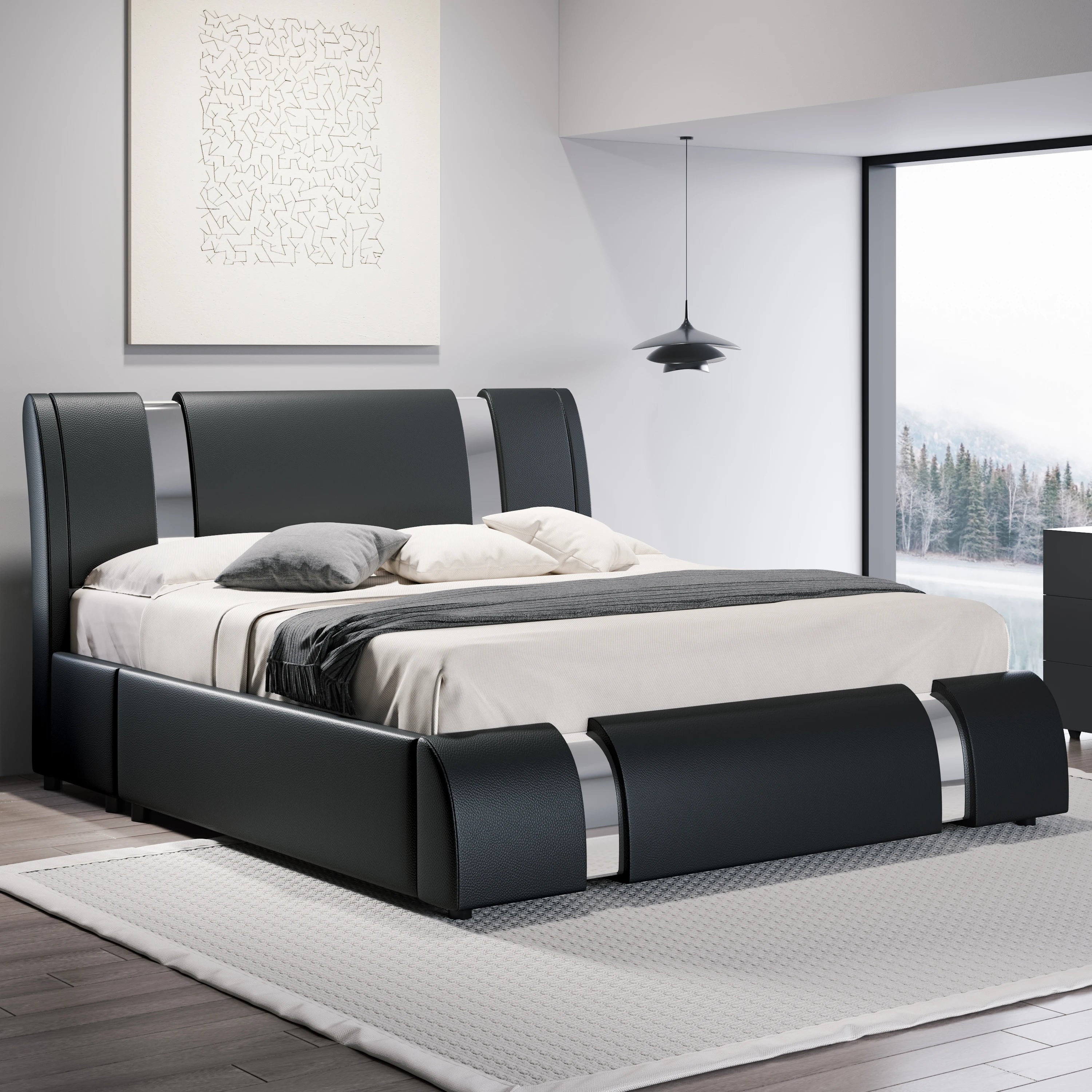 Queen Modern Faux Leather Platform Bed — Low‑Profile Design with Iron Accent Trim & Height‑Adjustable Headboard - LuxeHome Furniture