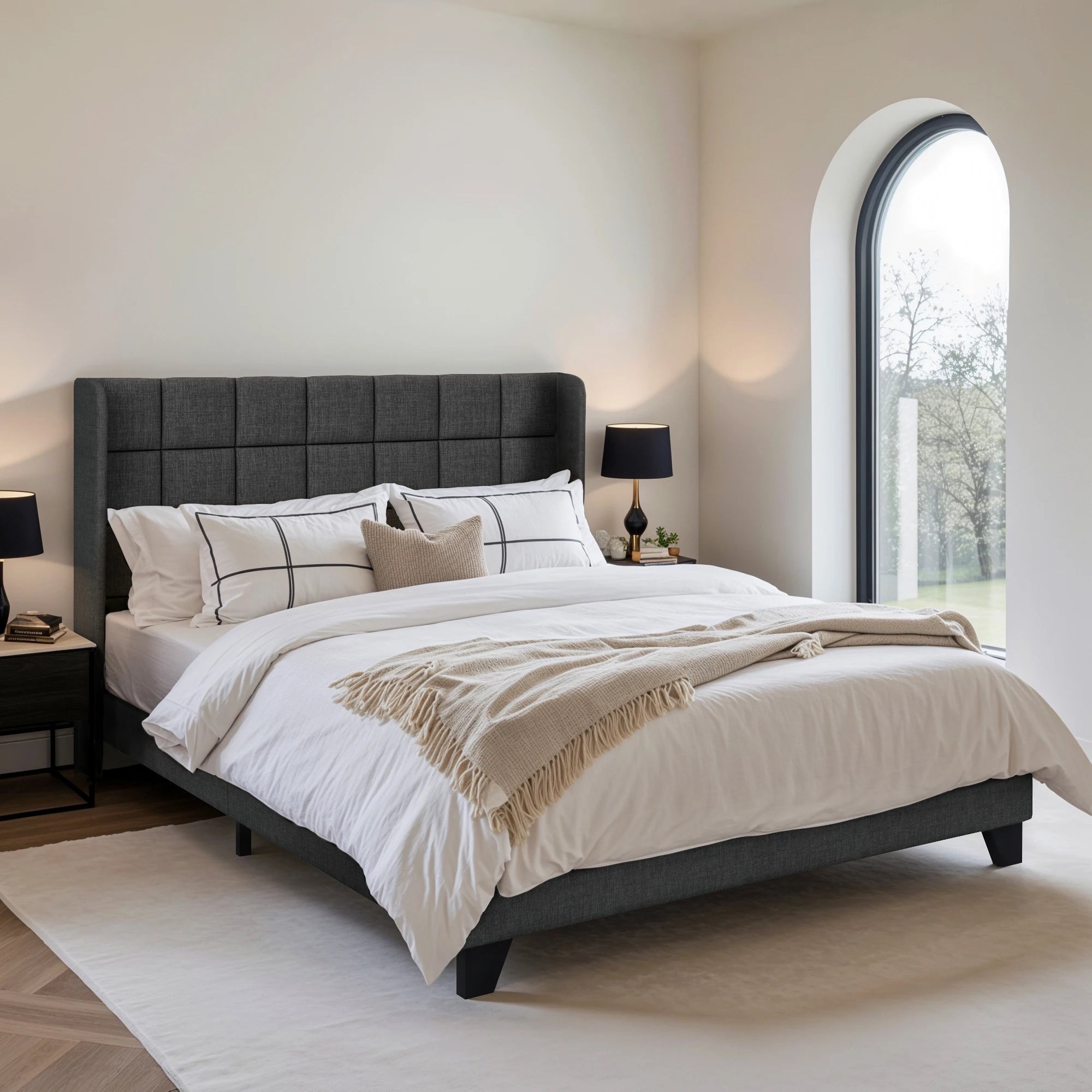 Queen Wingback Fabric Bed Frame — Square‑Stitched Headboard, Upholstered Platform with Strong Wooden Slat Support - LuxeHome Furniture