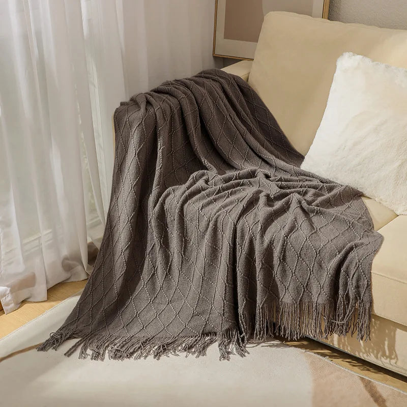"Khaki Chunky Knit Blanket with Tassels – Oversized Vintage Farmhouse Throw, Luxury Sofa & Bedspread" - LuxeHome Furniture