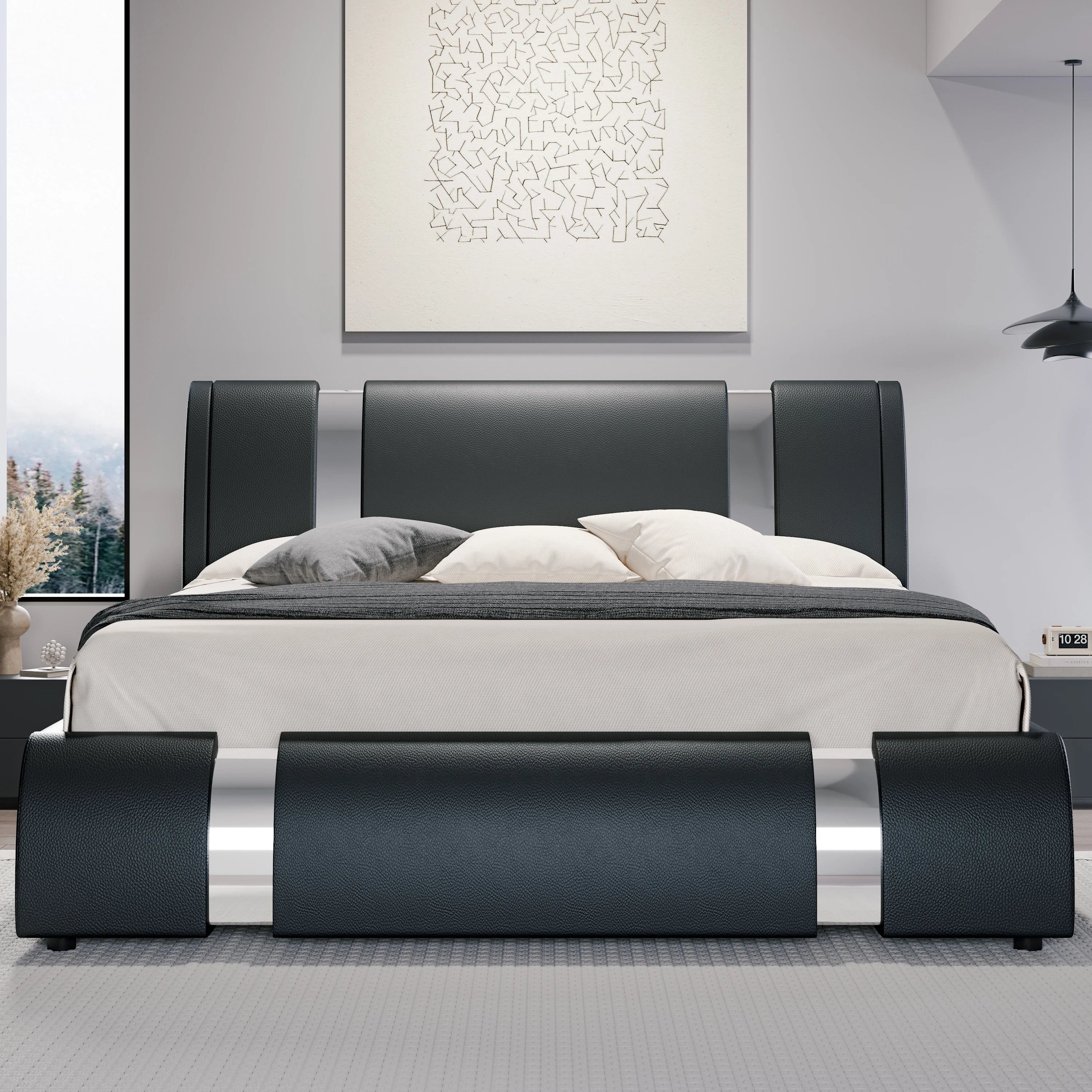 Queen Modern Faux Leather Platform Bed — Low‑Profile Design with Iron Accent Trim & Height‑Adjustable Headboard - LuxeHome Furniture