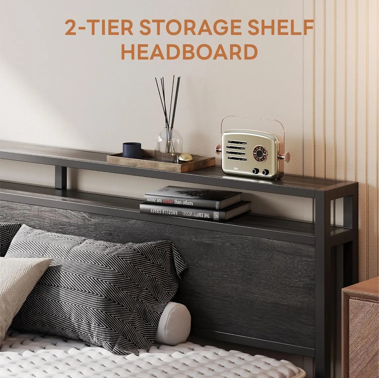 Dark Wood King Bed Frame with Headboard, Sturdy Noise-Free Design, No Box Spring Needed, Charcoal Grey - LuxeHome Furniture