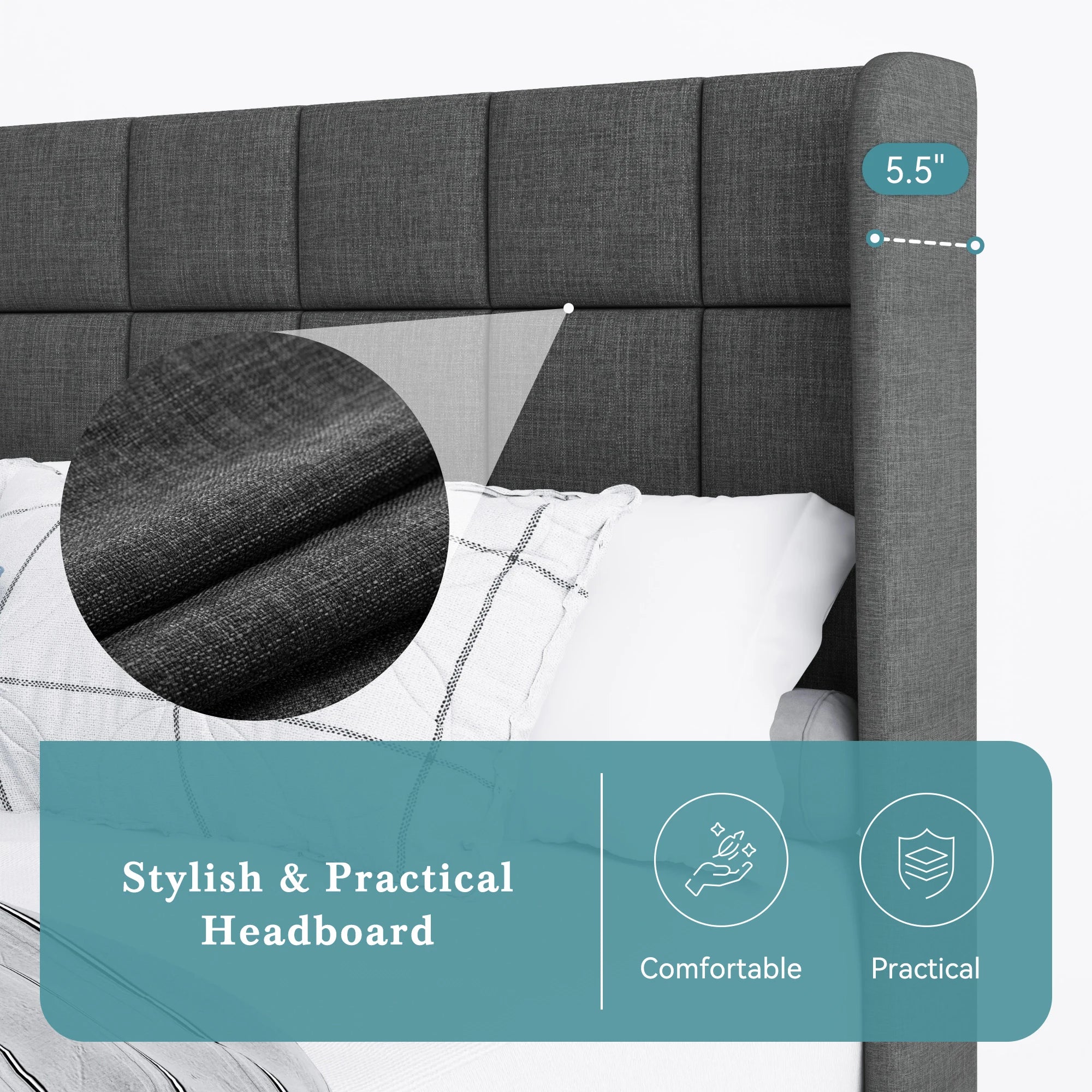 Queen Wingback Fabric Bed Frame — Square‑Stitched Headboard, Upholstered Platform with Strong Wooden Slat Support - LuxeHome Furniture