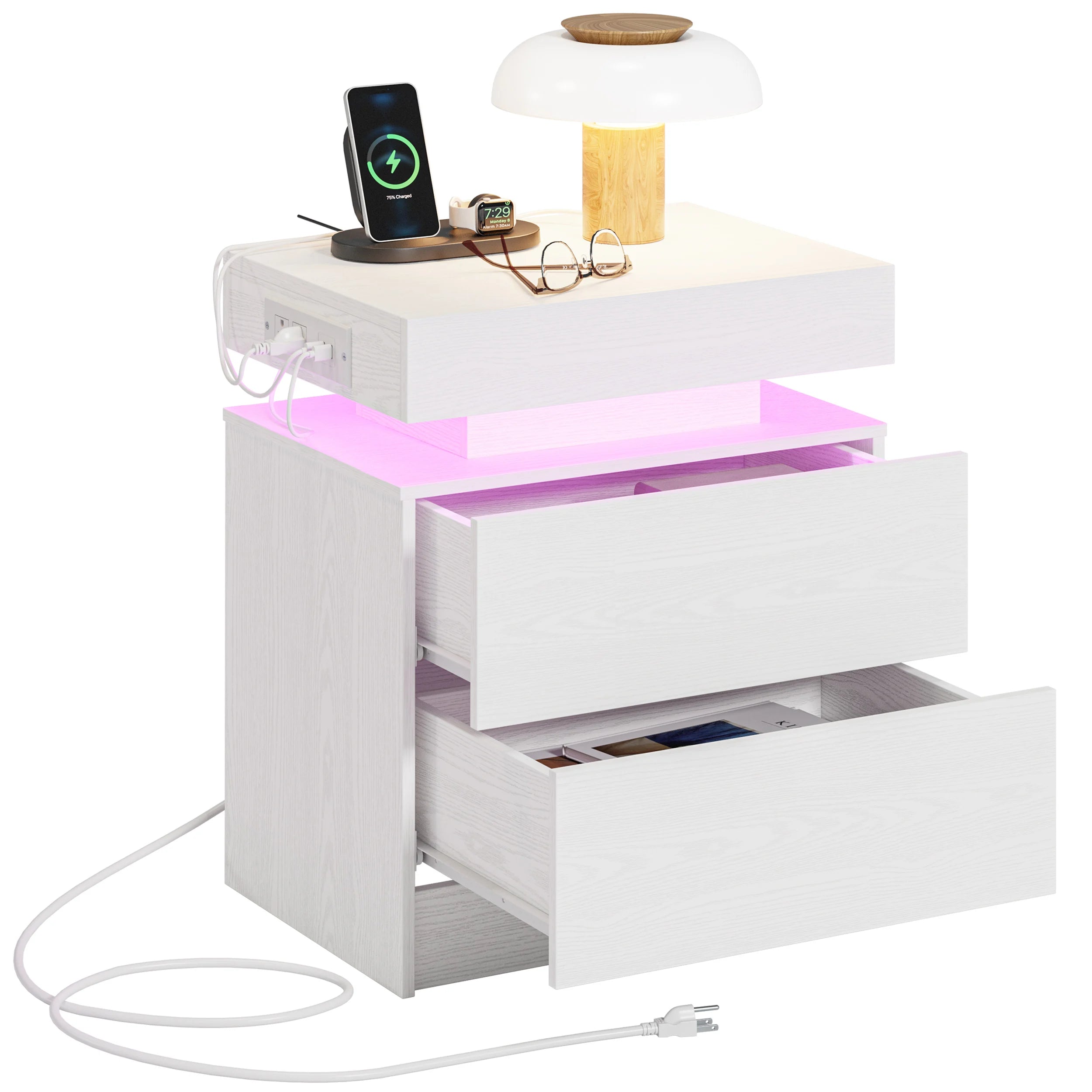 "Modern Night Stand with Charging Station – LED Light and Drawers for Bedroom or End Table Use" - LuxeHome Furniture