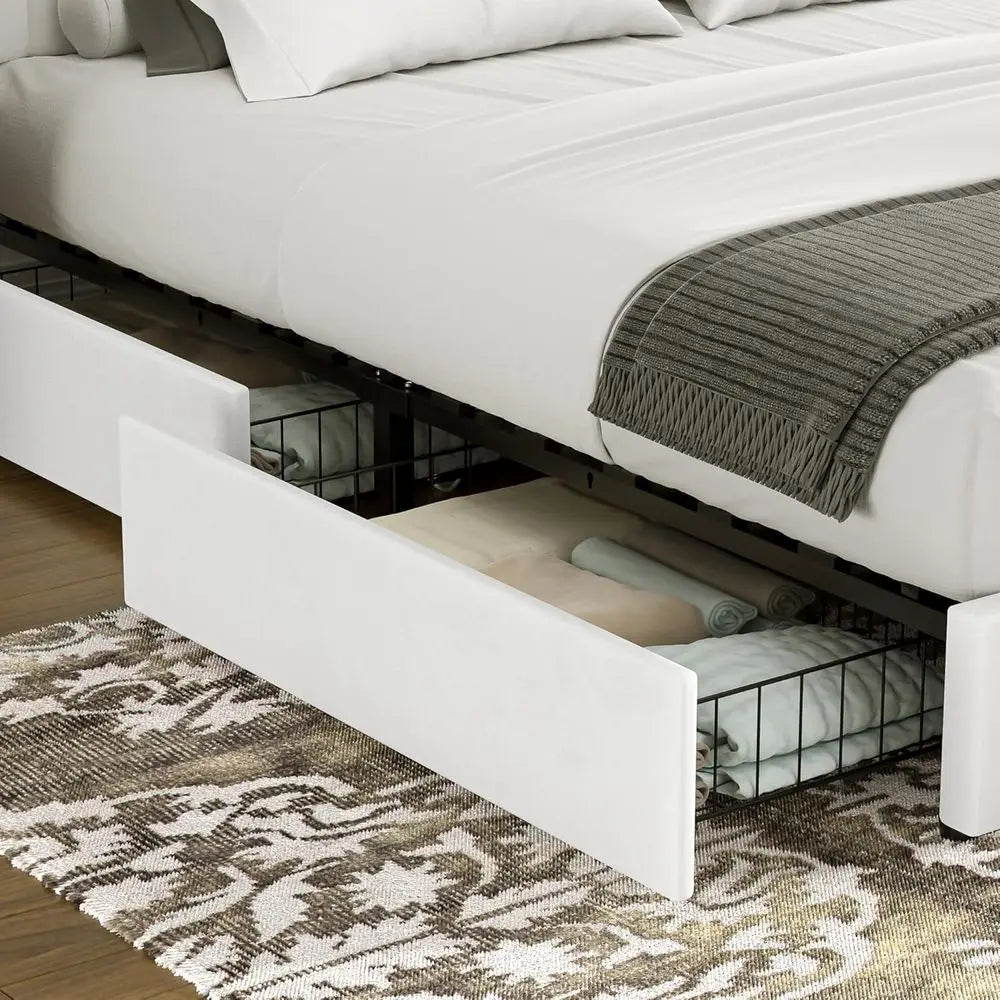 Full Velvet Upholstered Platform Bed 4 Drawer Storage, Solid Wood Slats, No Box Spring Needed - LuxeHome Furniture