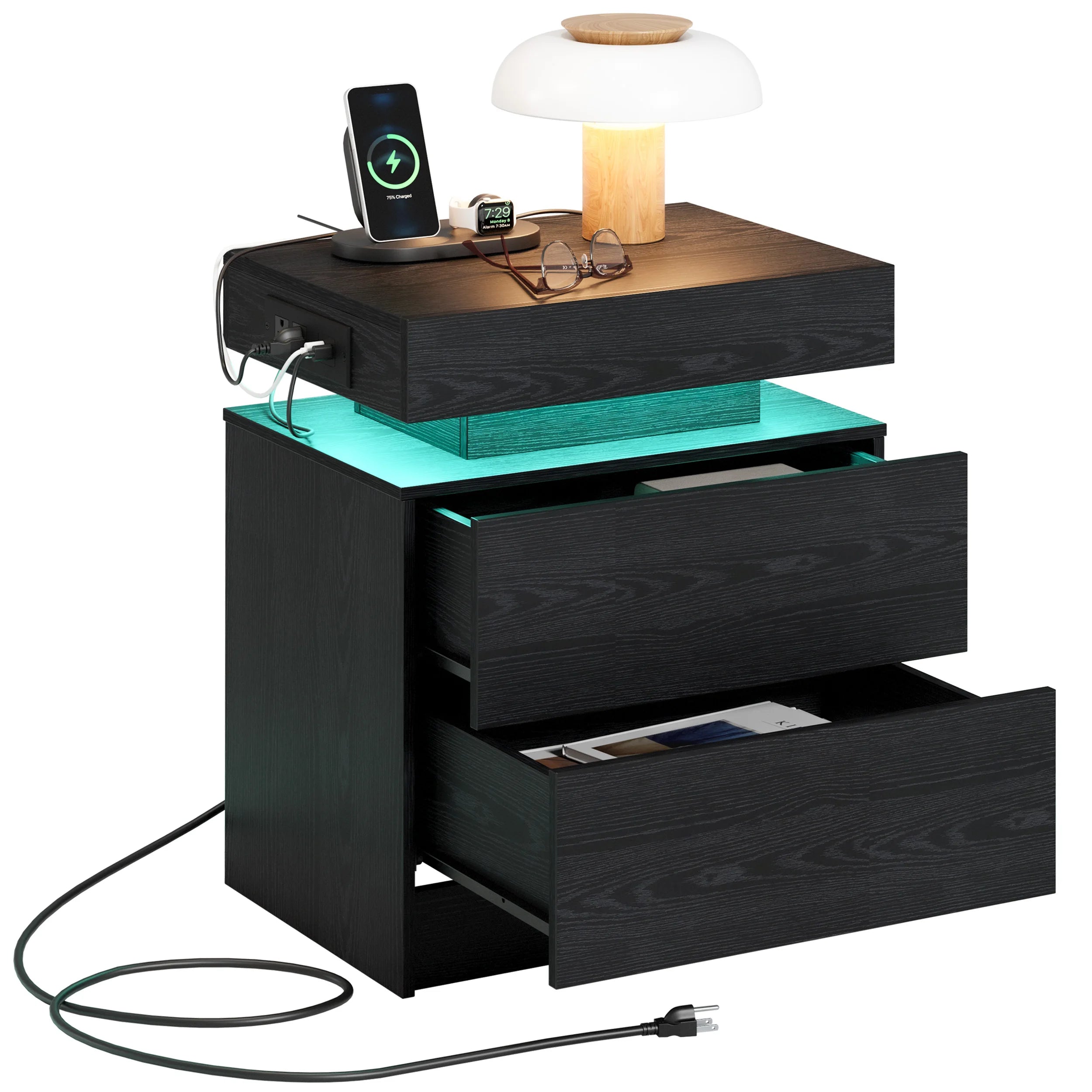 "Modern Night Stand with Charging Station – LED Light and Drawers for Bedroom or End Table Use" - LuxeHome Furniture