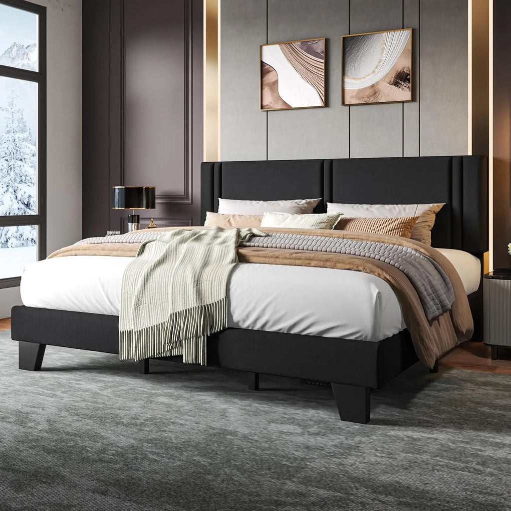King Size Bed Frame with Linen Headboard, Wooden Slats, Noise-Free, Black - LuxeHome Furniture