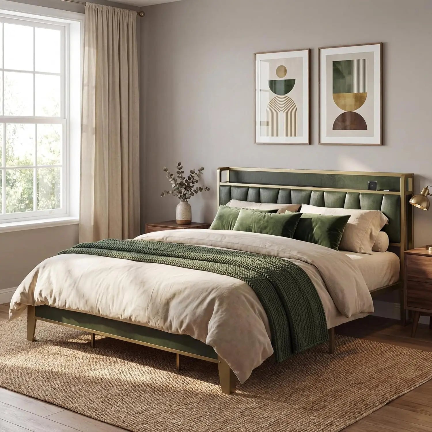 California King Bed Frame with Storage Headboard & Charging Station, Sturdy Metal Slats, Easy Assembly in Dark Green - LuxeHome Furniture