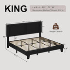 King Size Bed Frame with Linen Headboard, Wooden Slats, Noise-Free, Black - LuxeHome Furniture