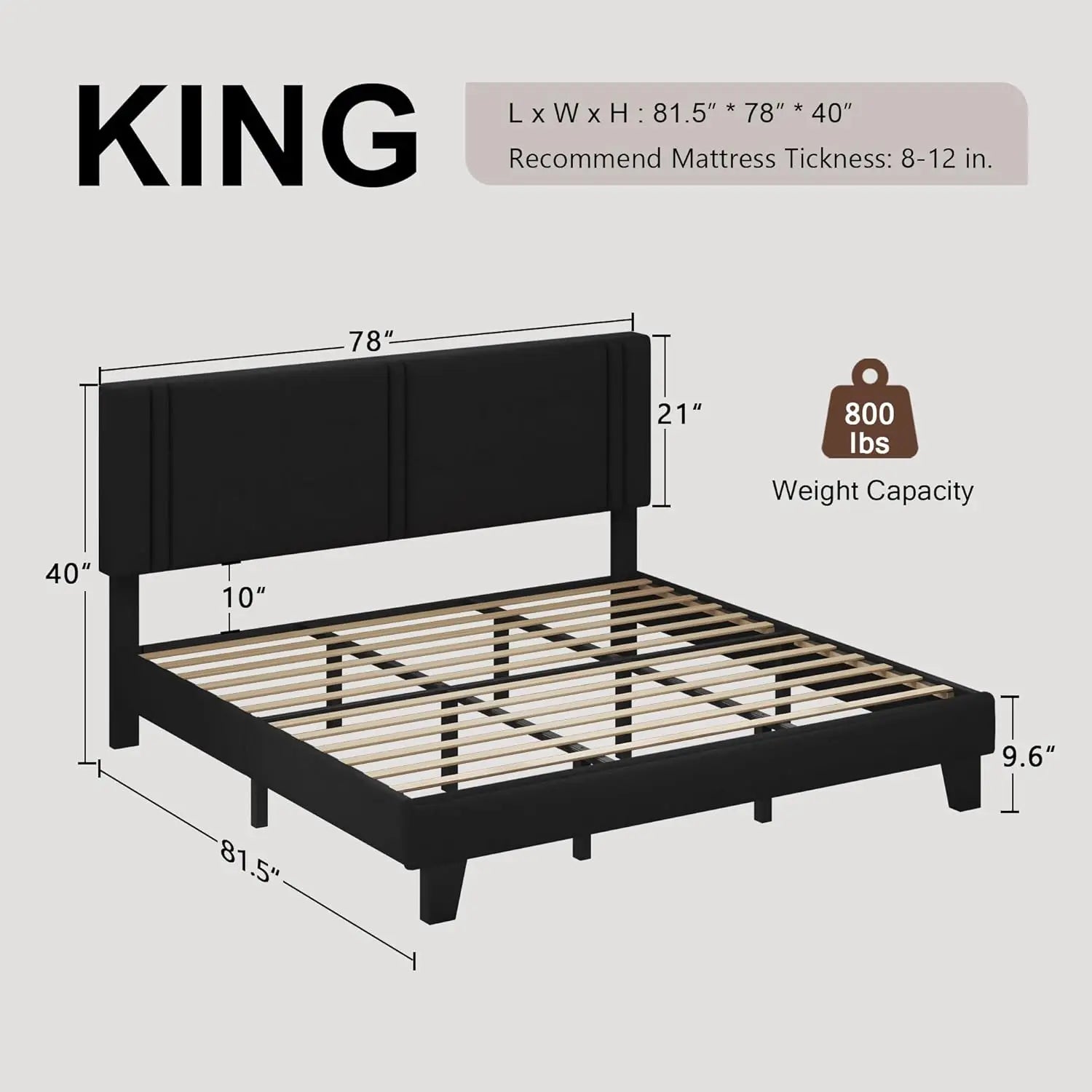 King Size Bed Frame with Linen Headboard, Wooden Slats, Noise-Free, Black - LuxeHome Furniture