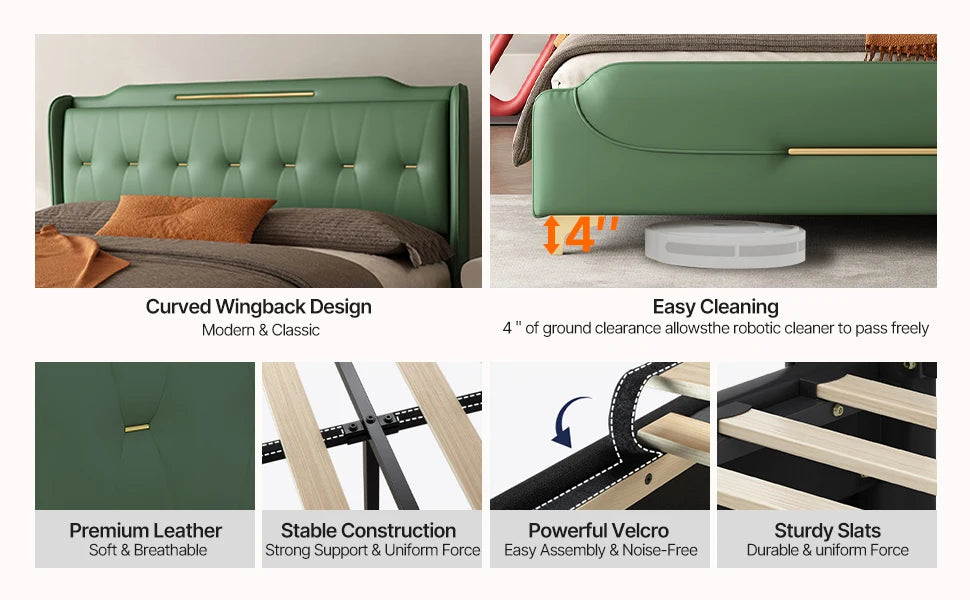 Queen Faux Leather Platform Bed — Gold Iron Accents, Solid Wood Frame & Metal Legs, Upholstered Modeen Design - LuxeHome Furniture