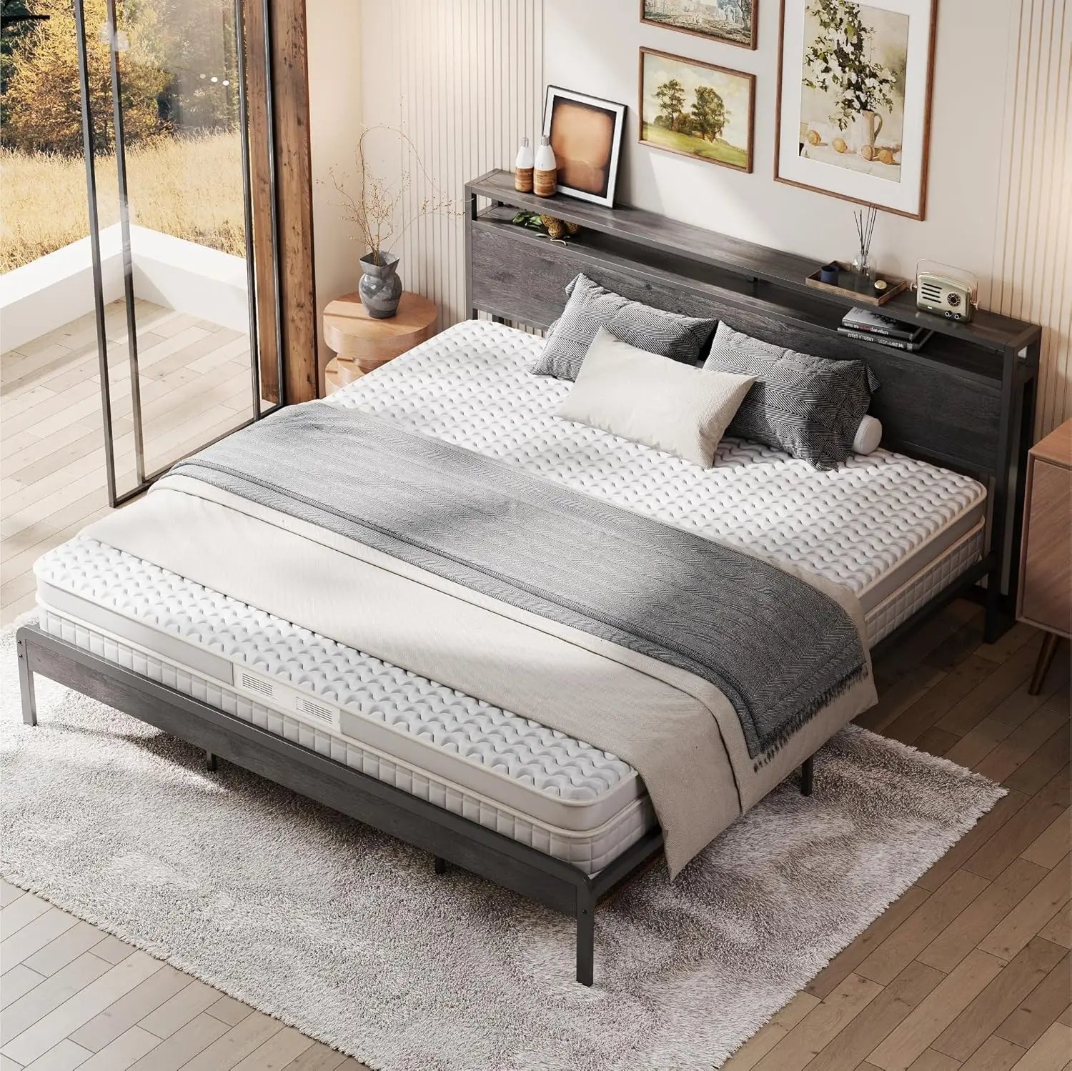 Dark Wood King Bed Frame with Headboard, Sturdy Noise-Free Design, No Box Spring Needed, Charcoal Grey - LuxeHome Furniture