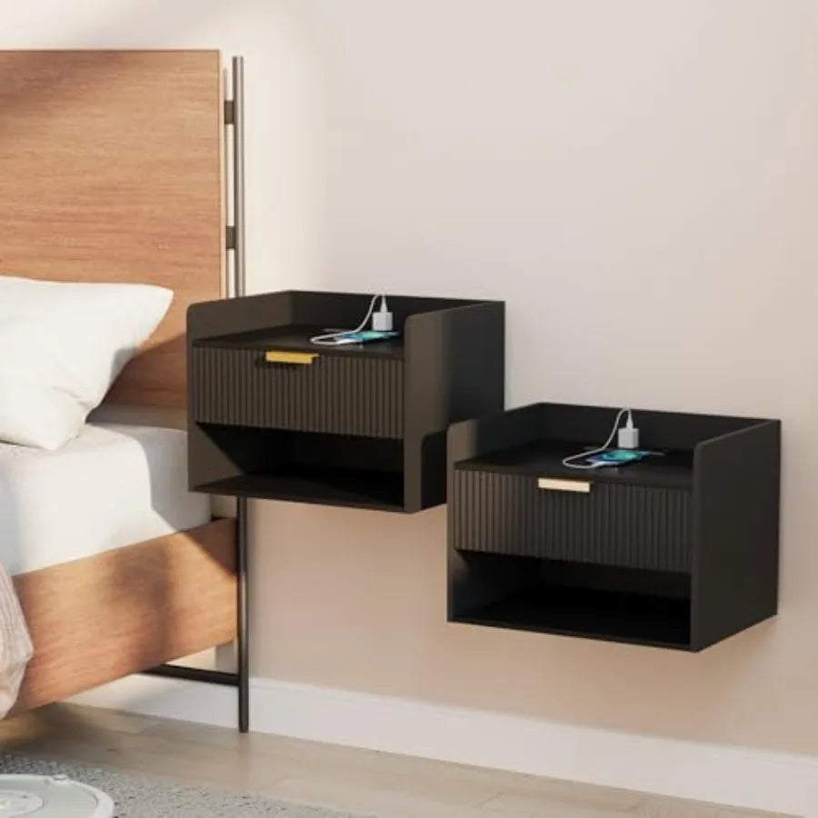 "Set of 2 Wall-Mounted Floating Nightstands with Charging Station and Drawer – Minimalist Wooden Bedside Tables in Black for Bedroom" - LuxeHome Furniture