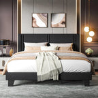 King Size Bed Frame with Linen Headboard, Wooden Slats, Noise-Free, Black - LuxeHome Furniture