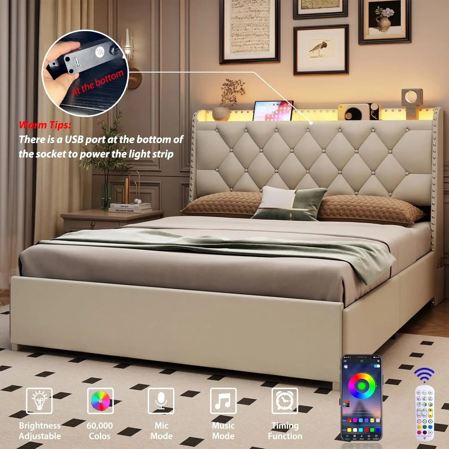 Queen Size Bed Frame with 4 Drawers & Storage Headboard, Upholstered Platform Bed with LED Lights & Charging Station - LuxeHome Furniture