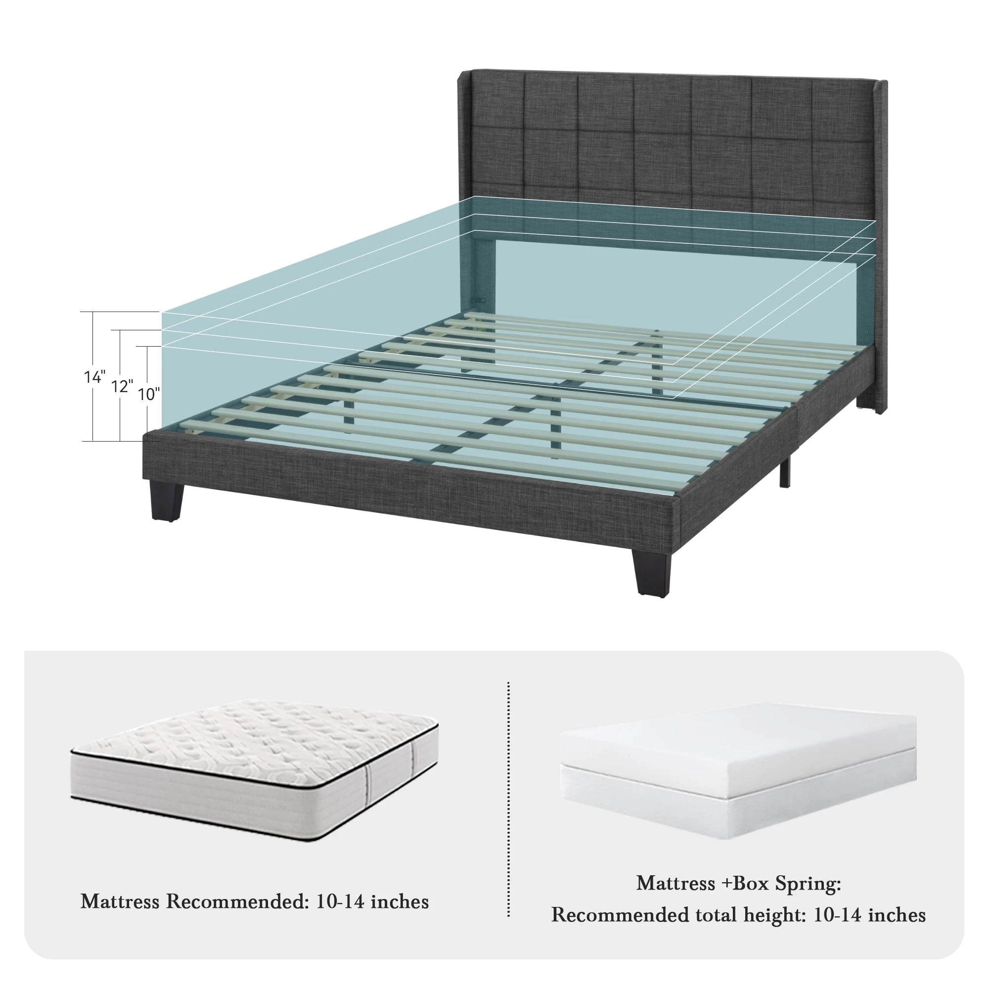 Queen Wingback Fabric Bed Frame — Square‑Stitched Headboard, Upholstered Platform with Strong Wooden Slat Support - LuxeHome Furniture
