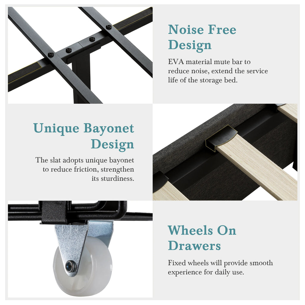 (Queen/Full)  Platform Bed Frame — 3 Under‑Bed Drawers, Headboard Compatible, Wooden Slats, No Box Spring - LuxeHome Furniture