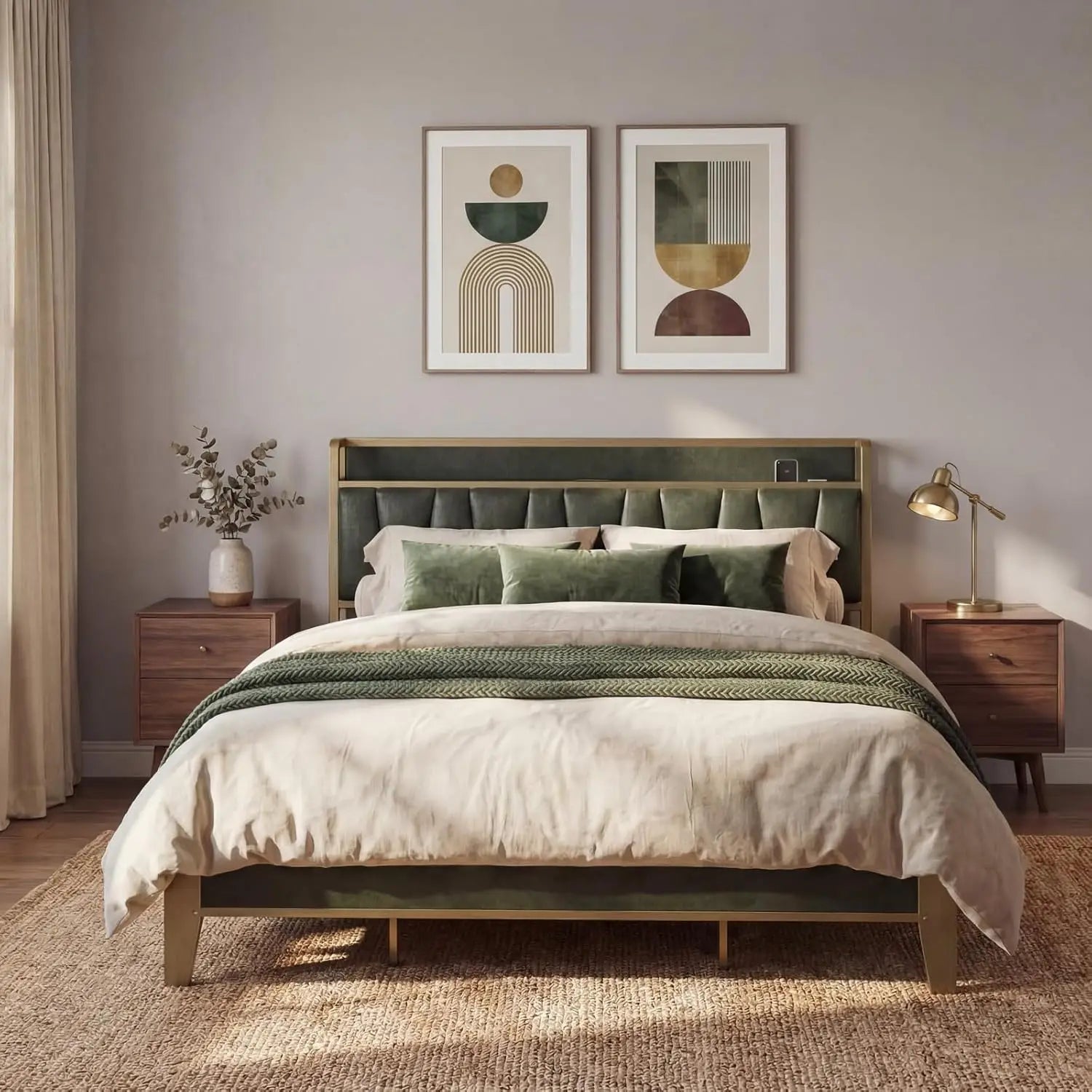 California King Bed Frame with Storage Headboard & Charging Station, Sturdy Metal Slats, Easy Assembly in Dark Green - LuxeHome Furniture