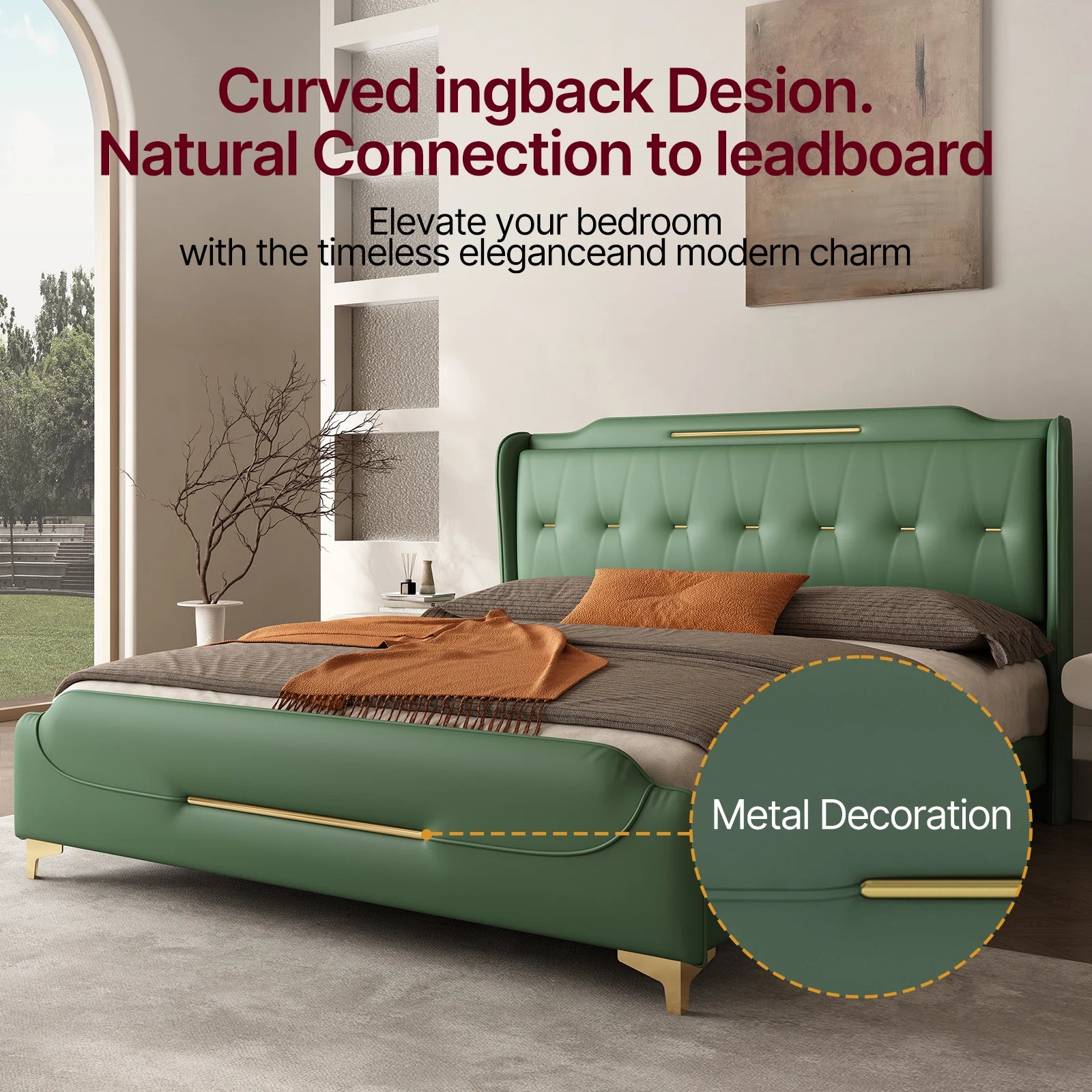 Queen Faux Leather Platform Bed — Gold Iron Accents, Solid Wood Frame & Metal Legs, Upholstered Modeen Design - LuxeHome Furniture