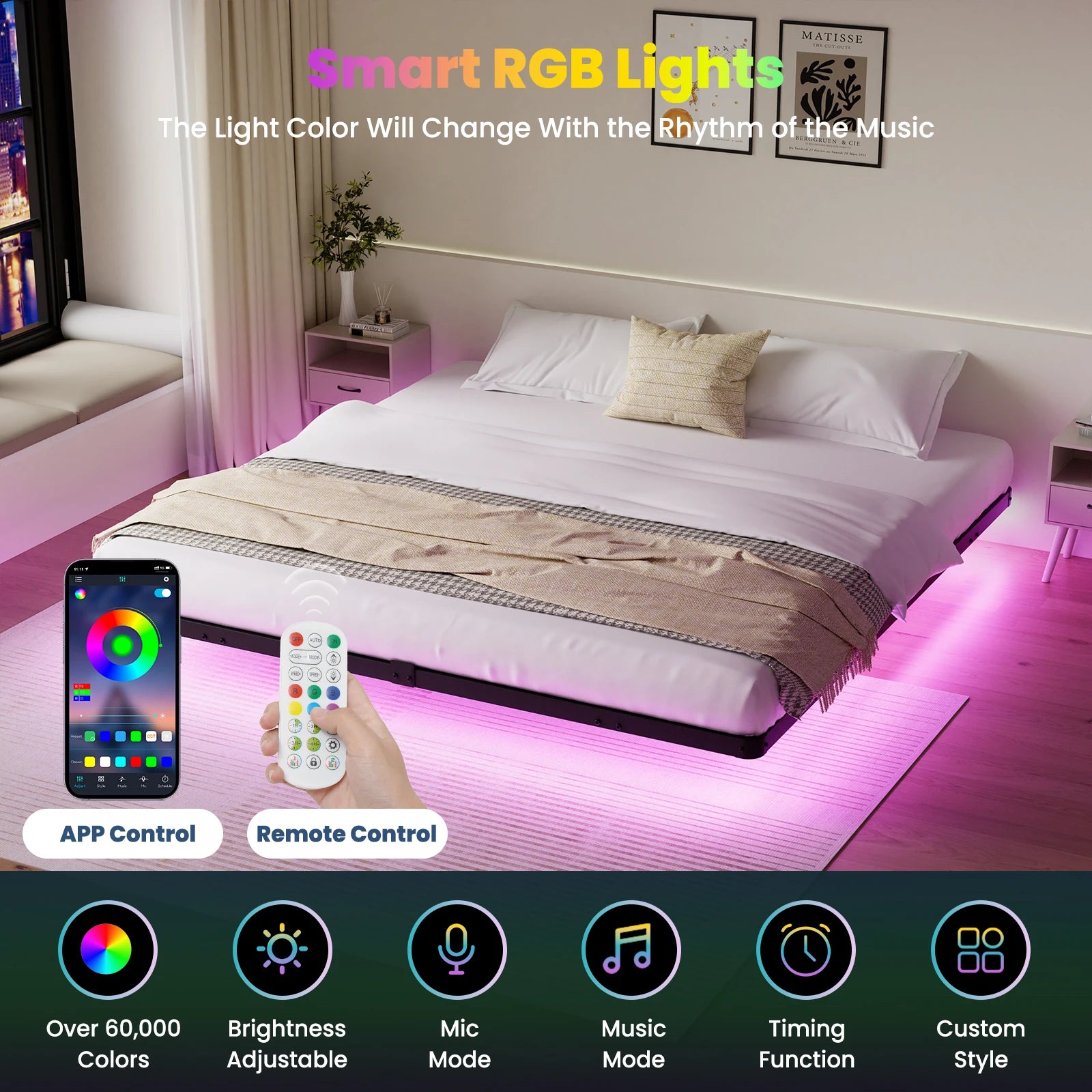 (Twin/Full/Queen/King) Floating Bed Frame with LED Lights 12 Inch Heavy Duty Metal Platform with Underbed Storage Space - LuxeHome Furniture