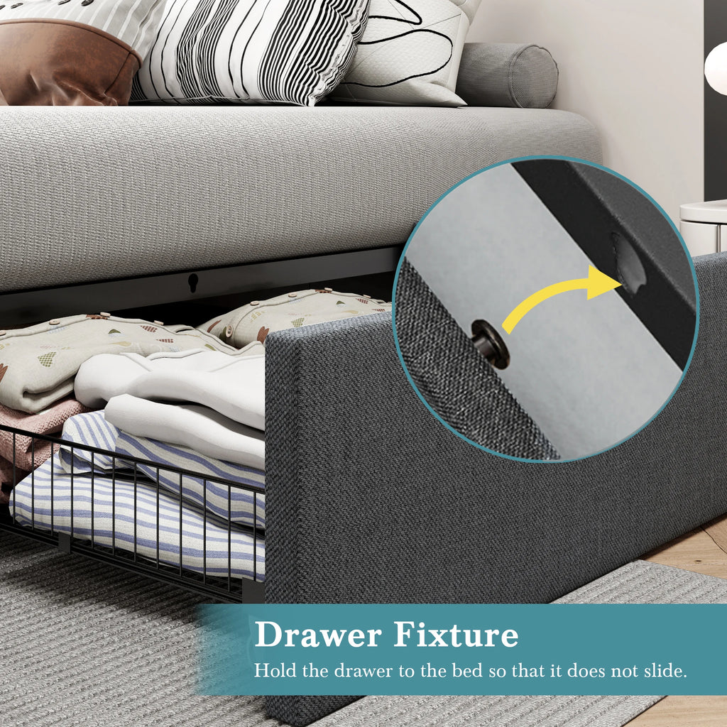 (Queen/Full)  Platform Bed Frame — 3 Under‑Bed Drawers, Headboard Compatible, Wooden Slats, No Box Spring - LuxeHome Furniture