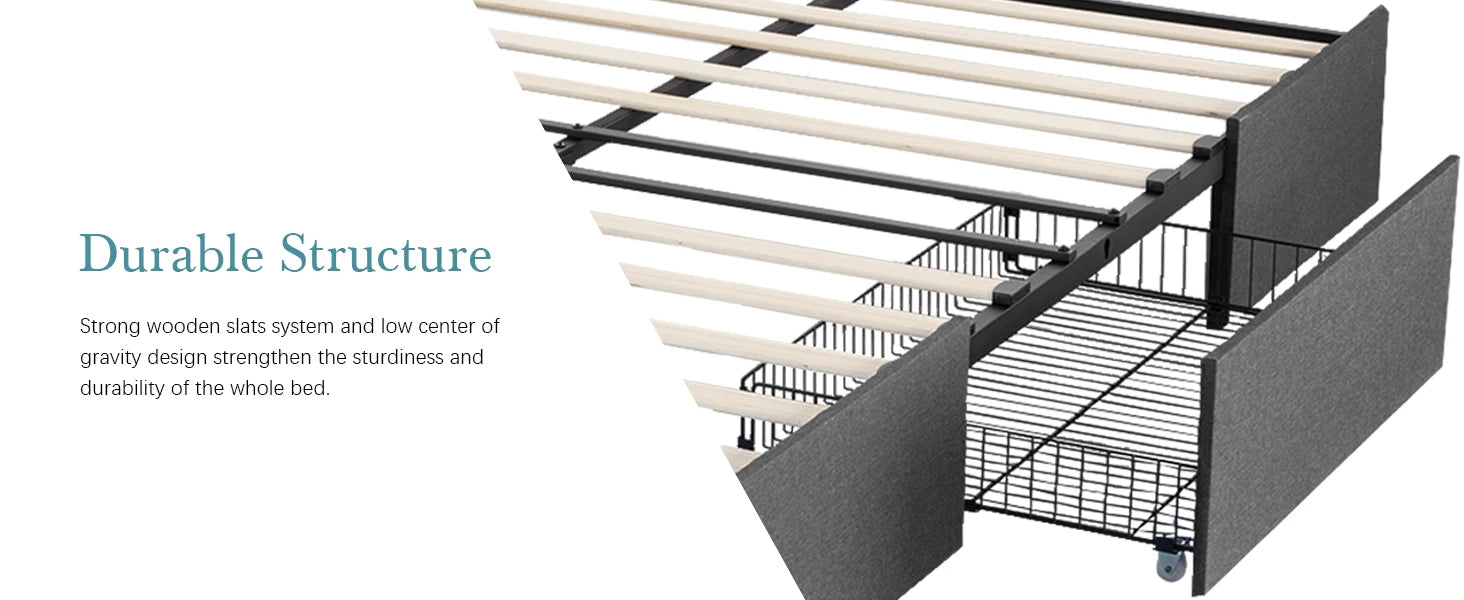 (Queen/Full)  Platform Bed Frame — 3 Under‑Bed Drawers, Headboard Compatible, Wooden Slats, No Box Spring - LuxeHome Furniture