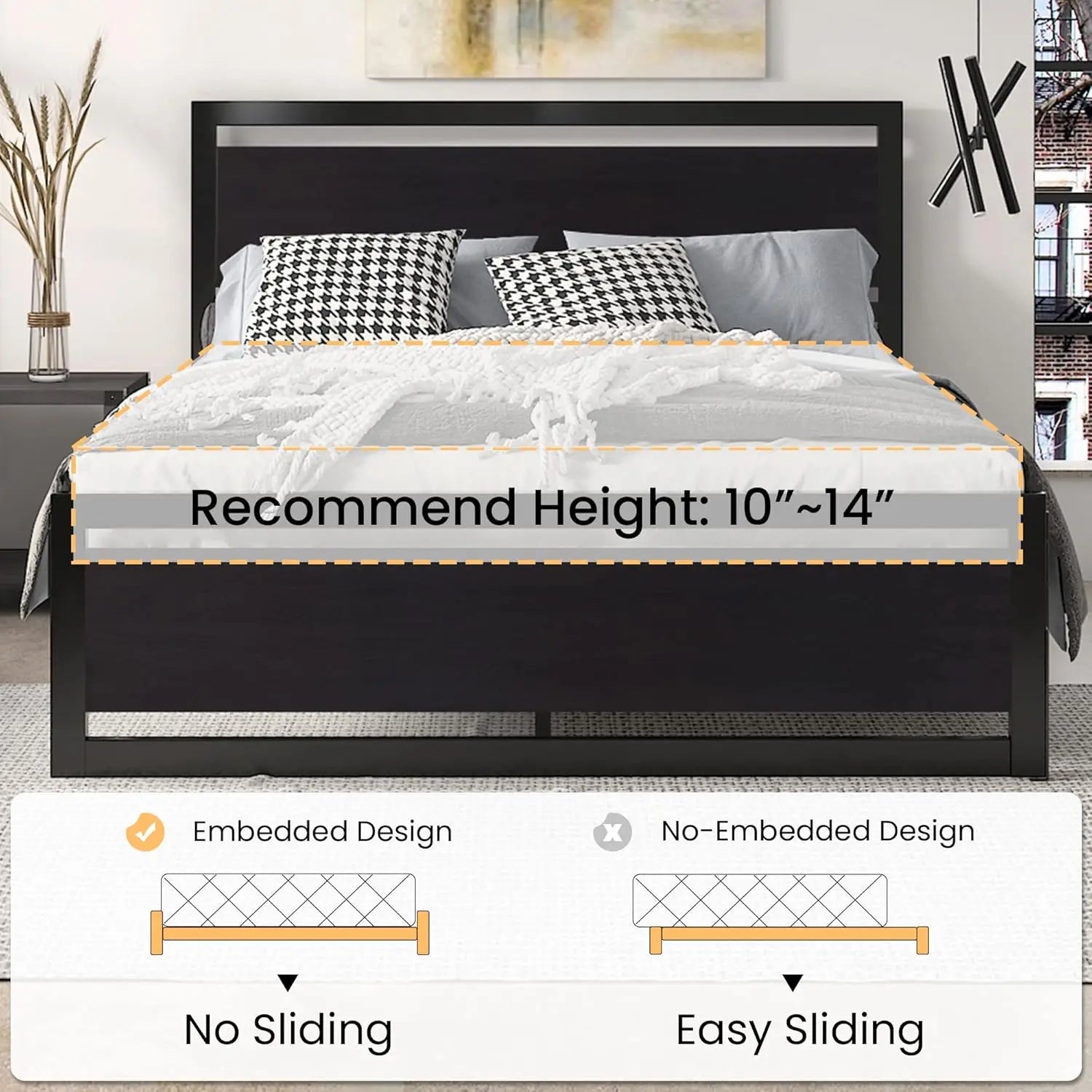 Queen Size Metal Bed Frame with Modern Headboard, Heavy Duty Platform Base, No Box Spring Needed, Black - LuxeHome Furniture