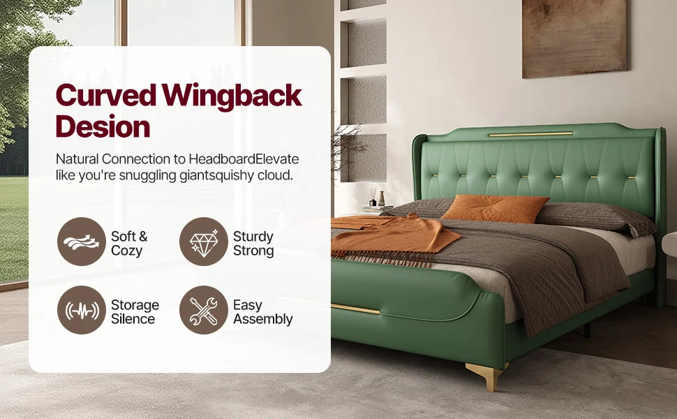 Queen Faux Leather Platform Bed — Gold Iron Accents, Solid Wood Frame & Metal Legs, Upholstered Modeen Design - LuxeHome Furniture