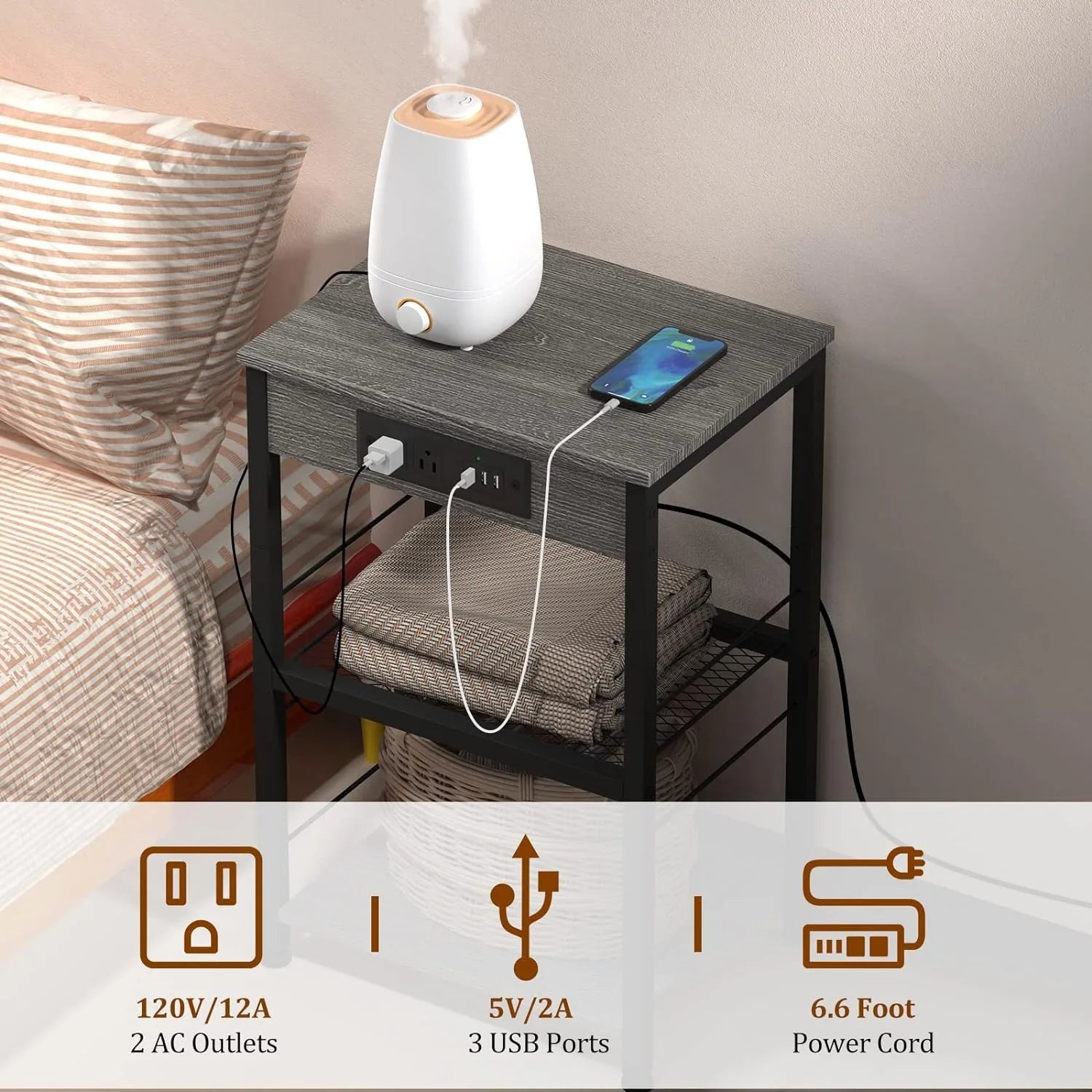 "3-Tier Bedside Table with Charging Station – USB Port and Socket for Convenient Living Room Storage" - LuxeHome Furniture