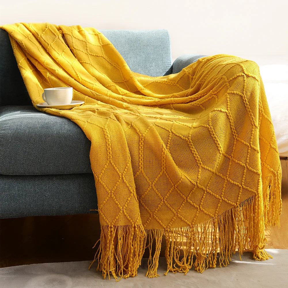 "Khaki Chunky Knit Blanket with Tassels – Oversized Vintage Farmhouse Throw, Luxury Sofa & Bedspread" - LuxeHome Furniture