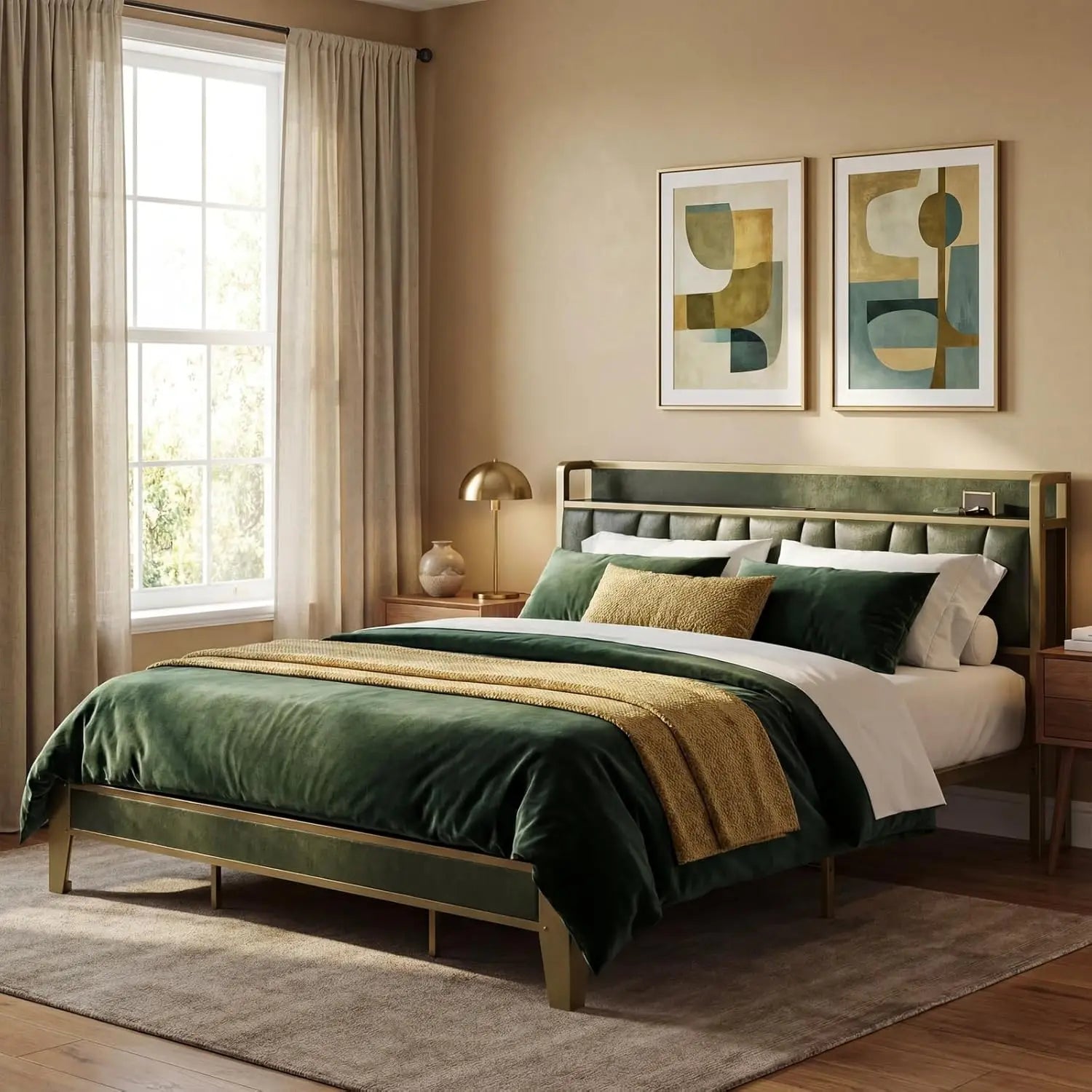 California King Bed Frame with Storage Headboard & Charging Station, Sturdy Metal Slats, Easy Assembly in Dark Green - LuxeHome Furniture