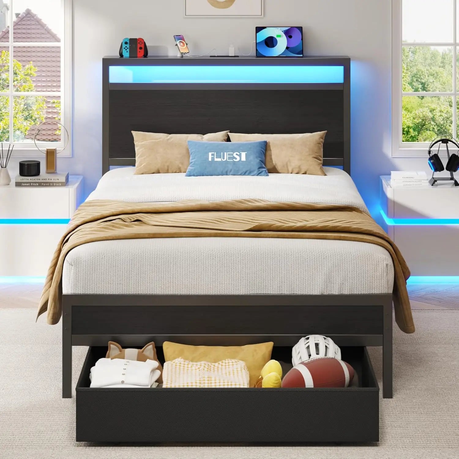 Twin Bed Frame with Storage Headboard, Drawer, Charging Station & LED Lights, Easy Assembly in Black - LuxeHome Furniture