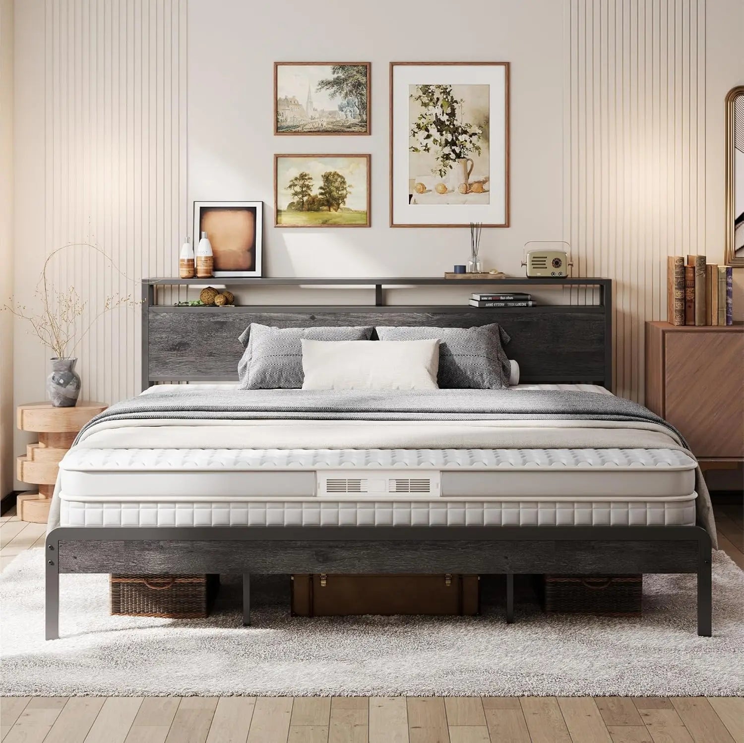 Dark Wood King Bed Frame with Headboard, Sturdy Noise-Free Design, No Box Spring Needed, Charcoal Grey - LuxeHome Furniture
