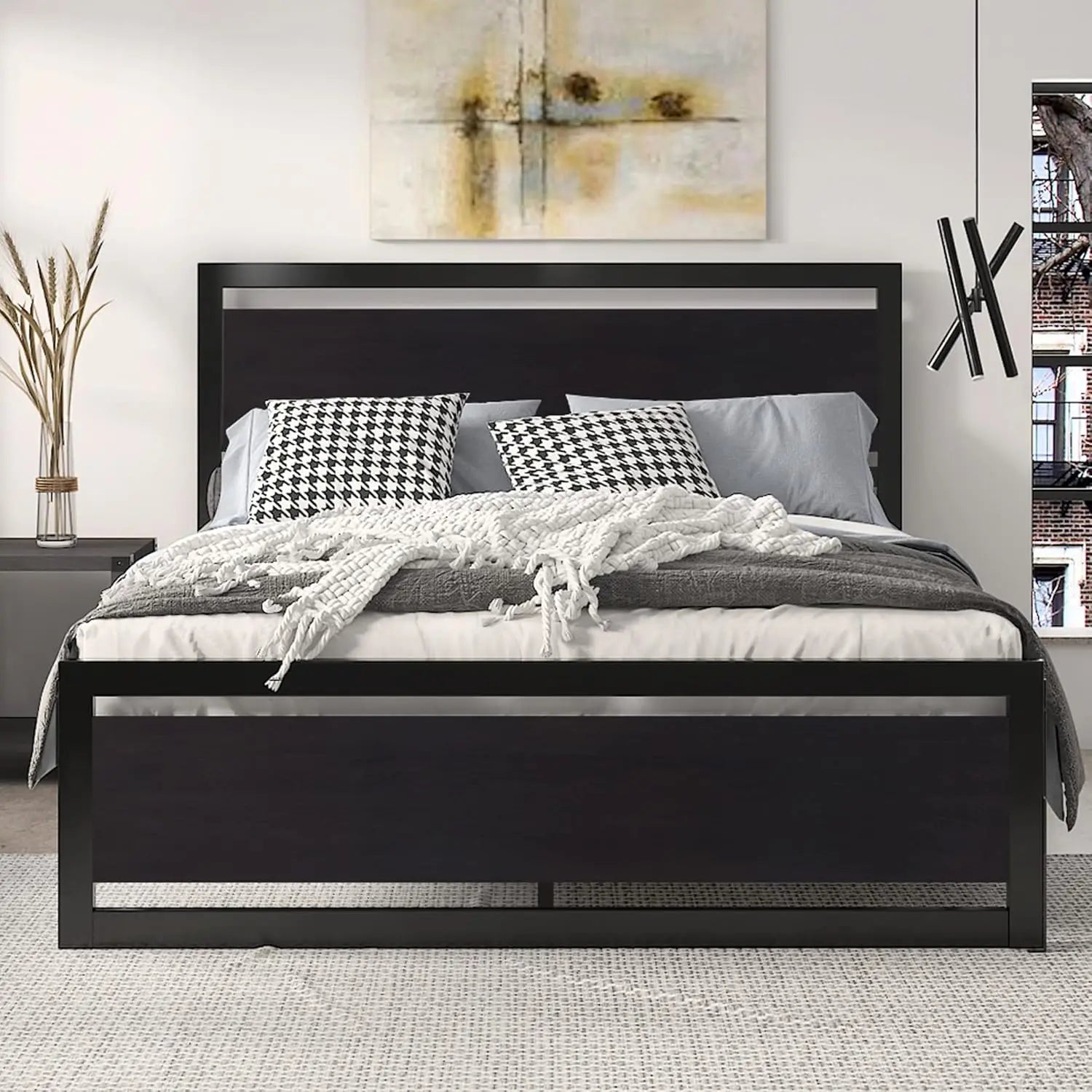 Queen Size Metal Bed Frame with Modern Headboard, Heavy Duty Platform Base, No Box Spring Needed, Black - LuxeHome Furniture