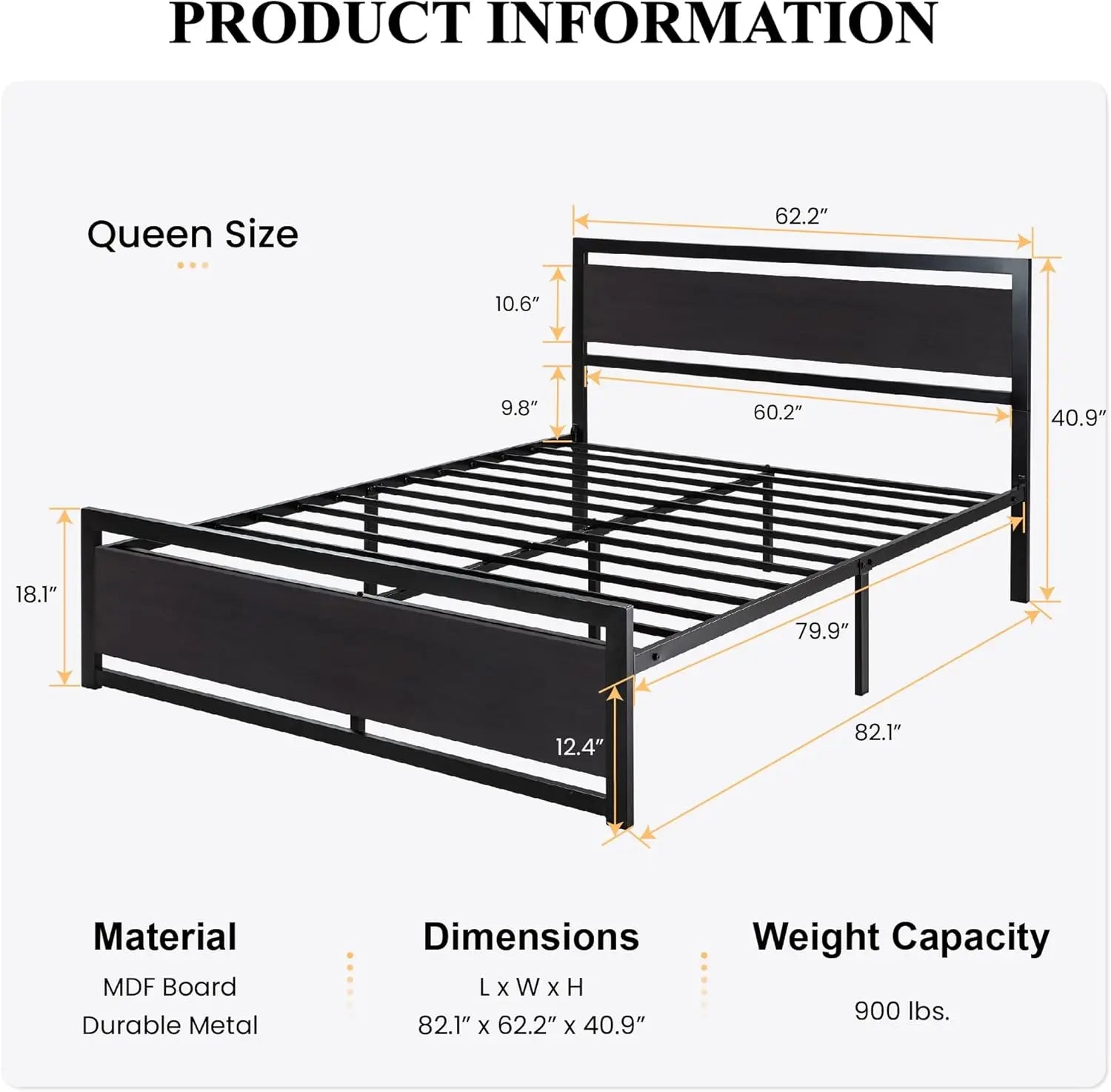 Queen Size Metal Bed Frame with Modern Headboard, Heavy Duty Platform Base, No Box Spring Needed, Black - LuxeHome Furniture