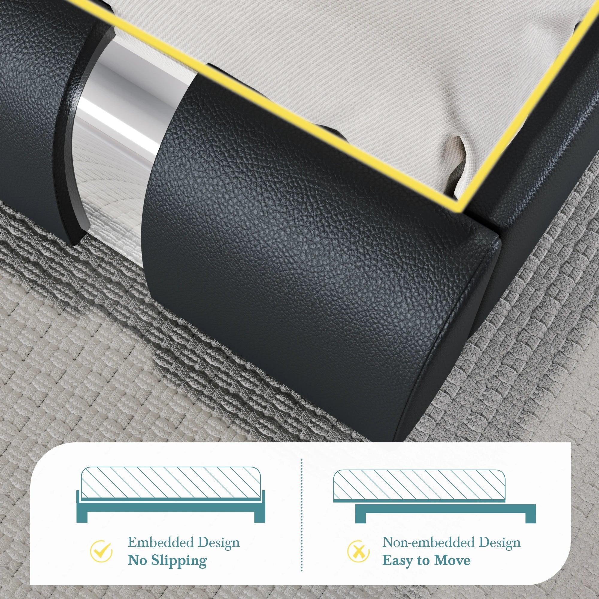 Queen Modern Faux Leather Platform Bed — Low‑Profile Design with Iron Accent Trim & Height‑Adjustable Headboard - LuxeHome Furniture