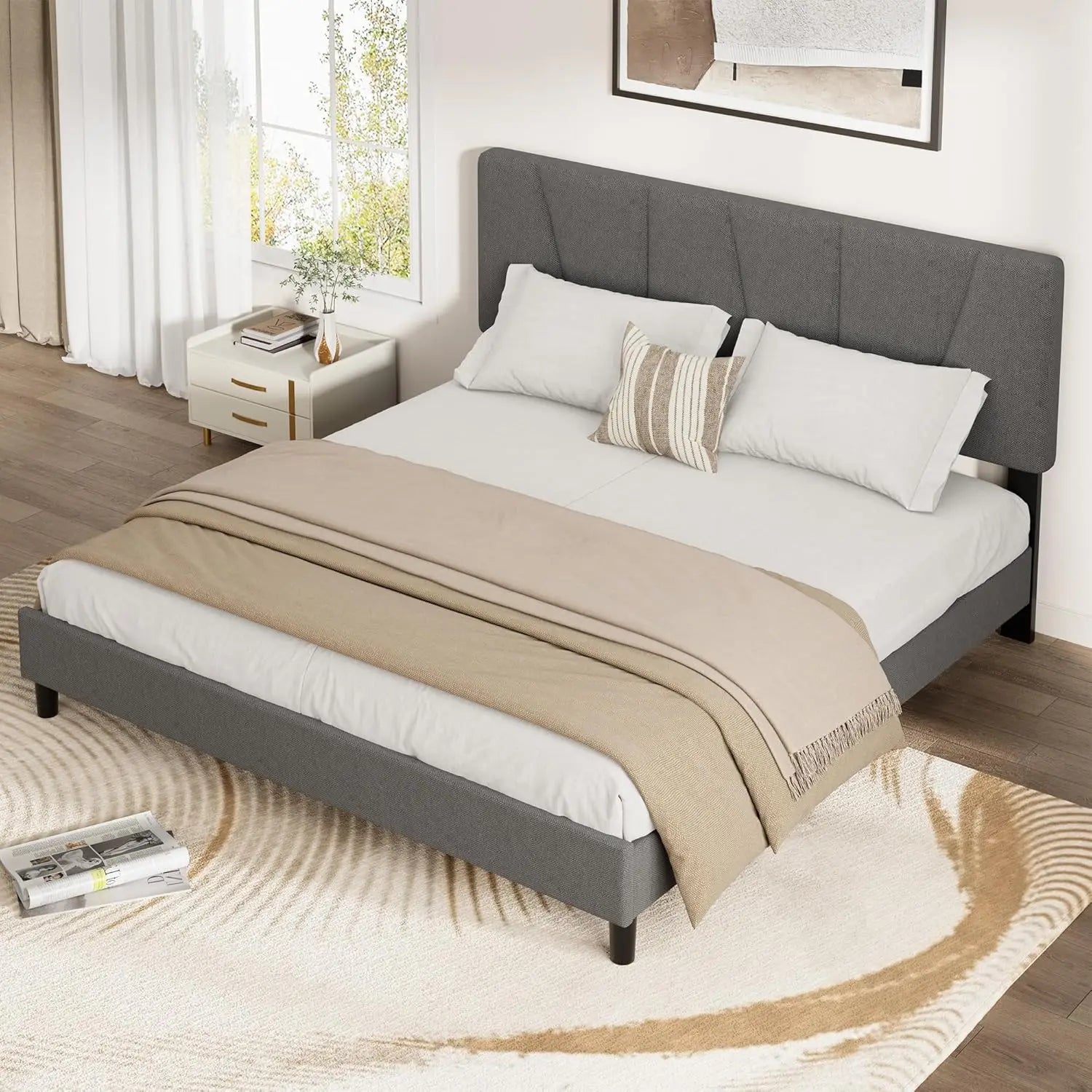 King Linen Upholstered Platform Bed — 3‑Position Adjustable Padded Headboard, Reinforced Wooden Slats, Quick Assembly - LuxeHome Furniture