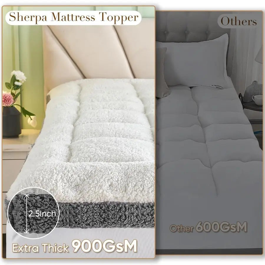 Queen Size Mattress Topper for Back Pain – Extra Thick 900GSM Sherpa Pillow Top Mattress Pad, Soft & Fluffy Comfort - LuxeHome Furniture