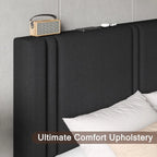 King Size Bed Frame with Linen Headboard, Wooden Slats, Noise-Free, Black - LuxeHome Furniture