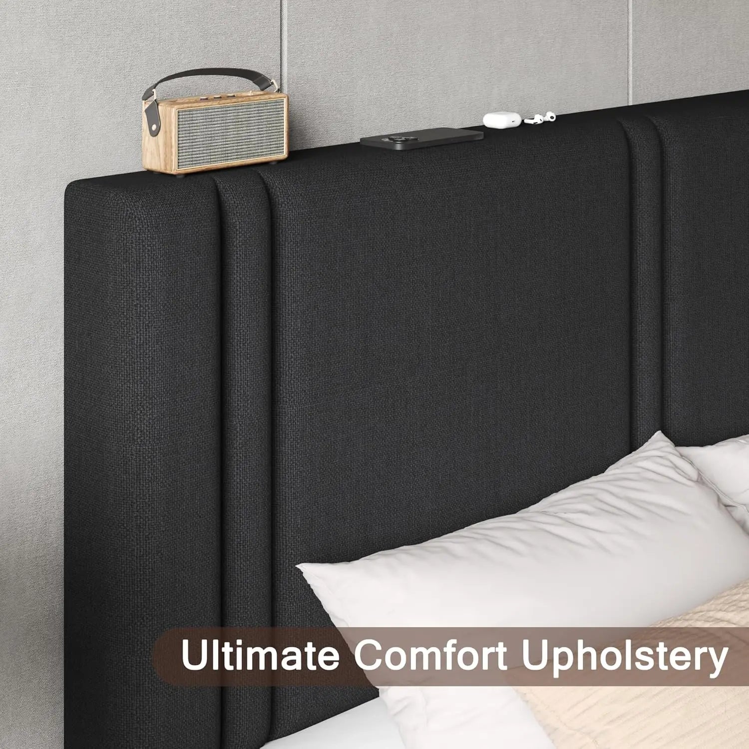 King Size Bed Frame with Linen Headboard, Wooden Slats, Noise-Free, Black - LuxeHome Furniture