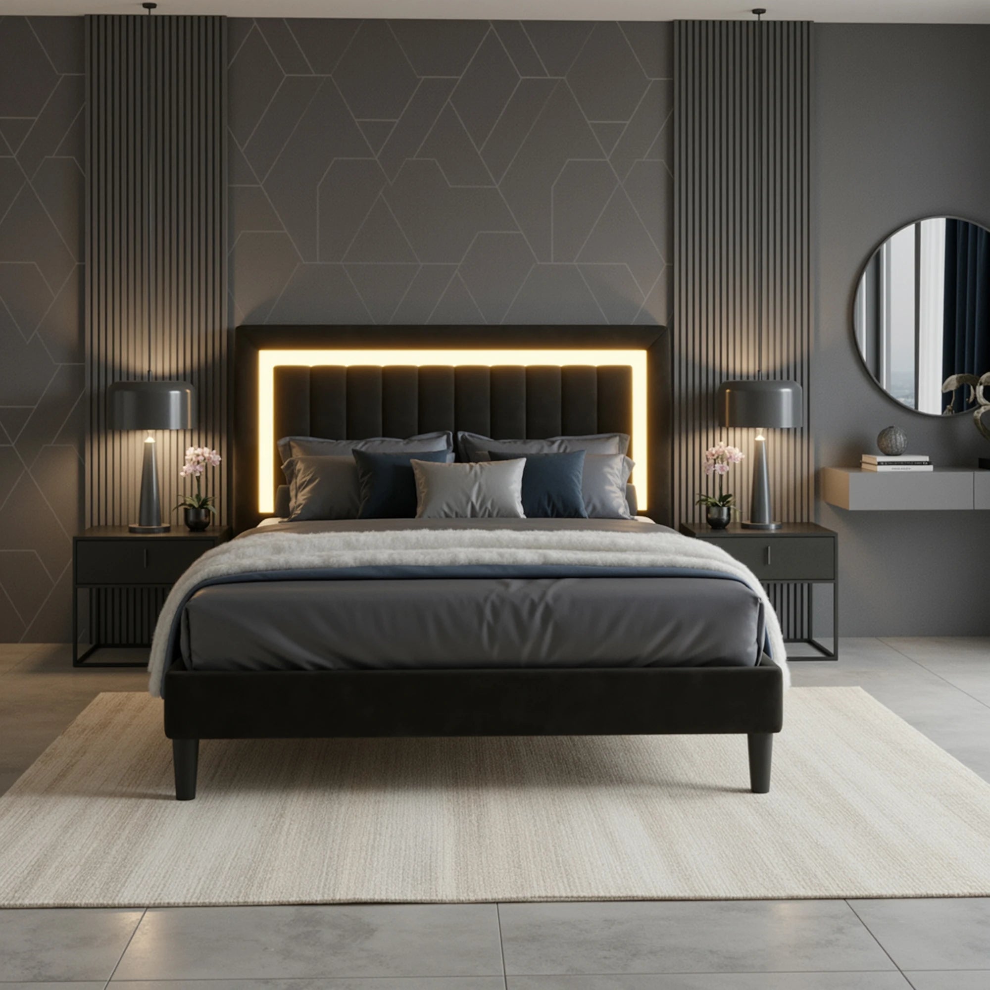 (Full/Queen/King) Velvet Platform Bed with RGB LED Headboard — Adjustable RGB Lighting, Sturdy Slat Support, Noise‑Free - LuxeHome Furniture