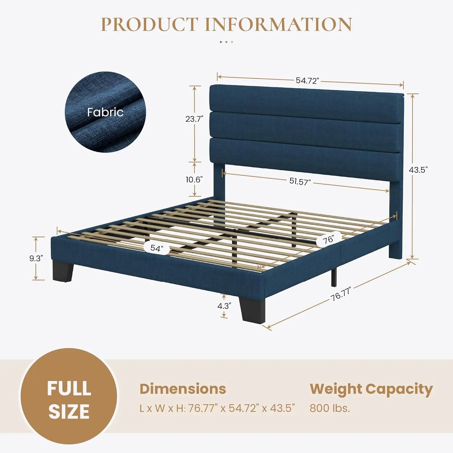 Full Platform Bed Frame with Upholstered Fabric Headboard, Strong Wooden Slats Support, No Box Spring Needed in Blue - LuxeHome Furniture
